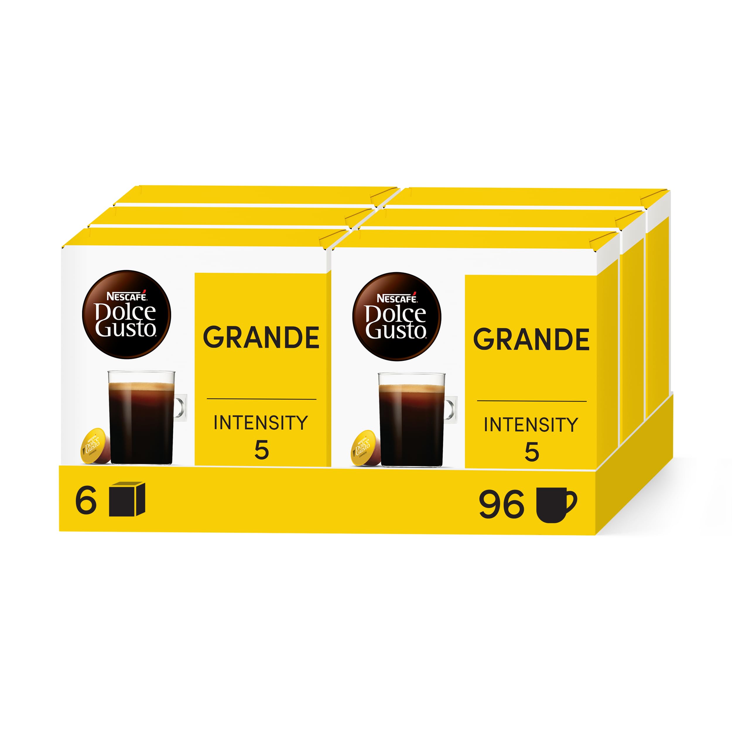 NESCAFE DOLCE GUSTO Grande – Café Cápsula – Intensidad 5 – Mezcla Arabica & Robusta – 96 Cápsulas (6 Cajas x 16) | Café Cápsulas, compatible con todas las máquinas de café DG fuera de NEO, mezcla Arabica y Robusta aromática