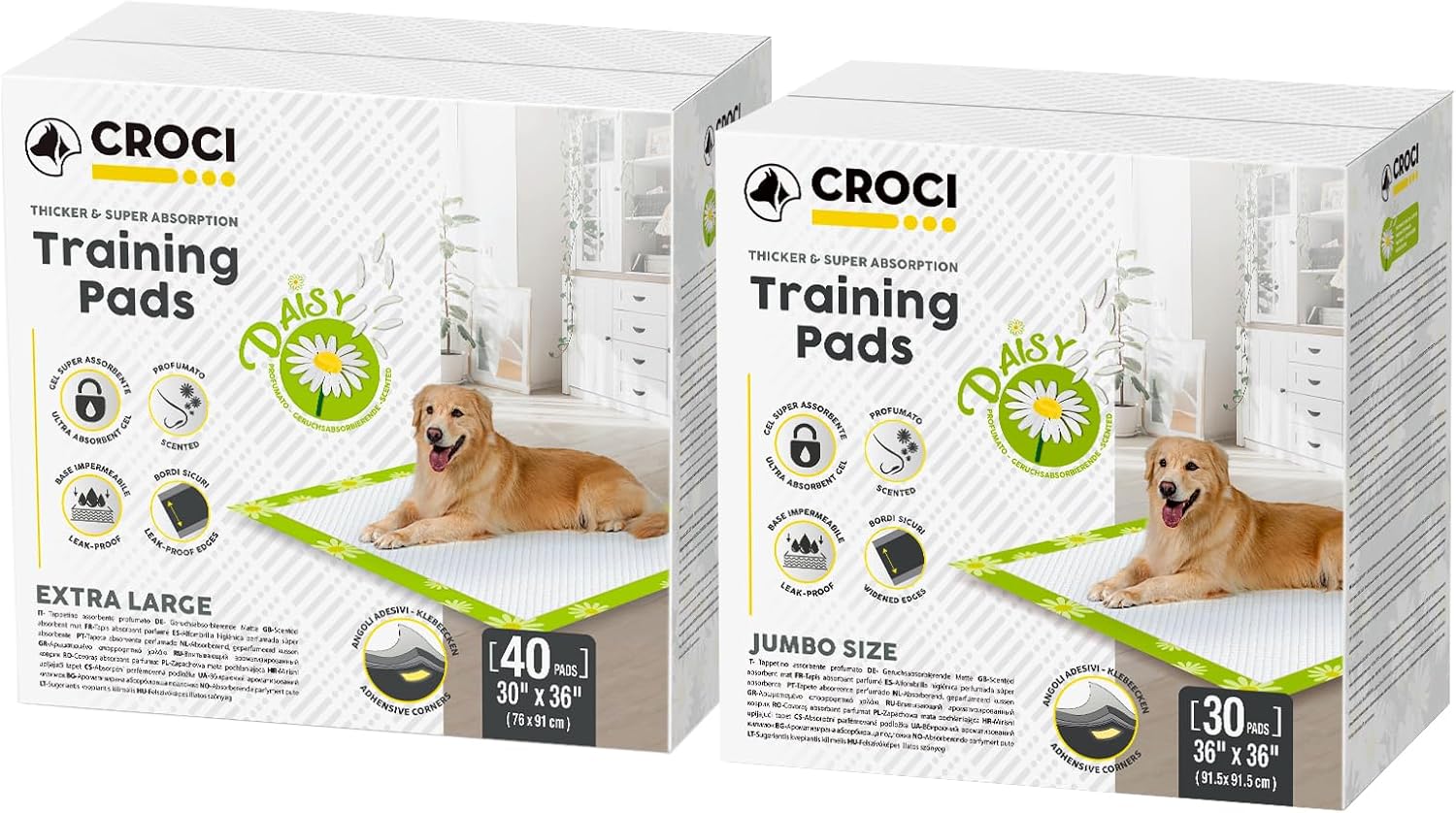 CROCI Dog Pads Daisy Scented 30x36in 40 Counts, Extra Large Pee Pads for Dogs 36x36in 30 Counts