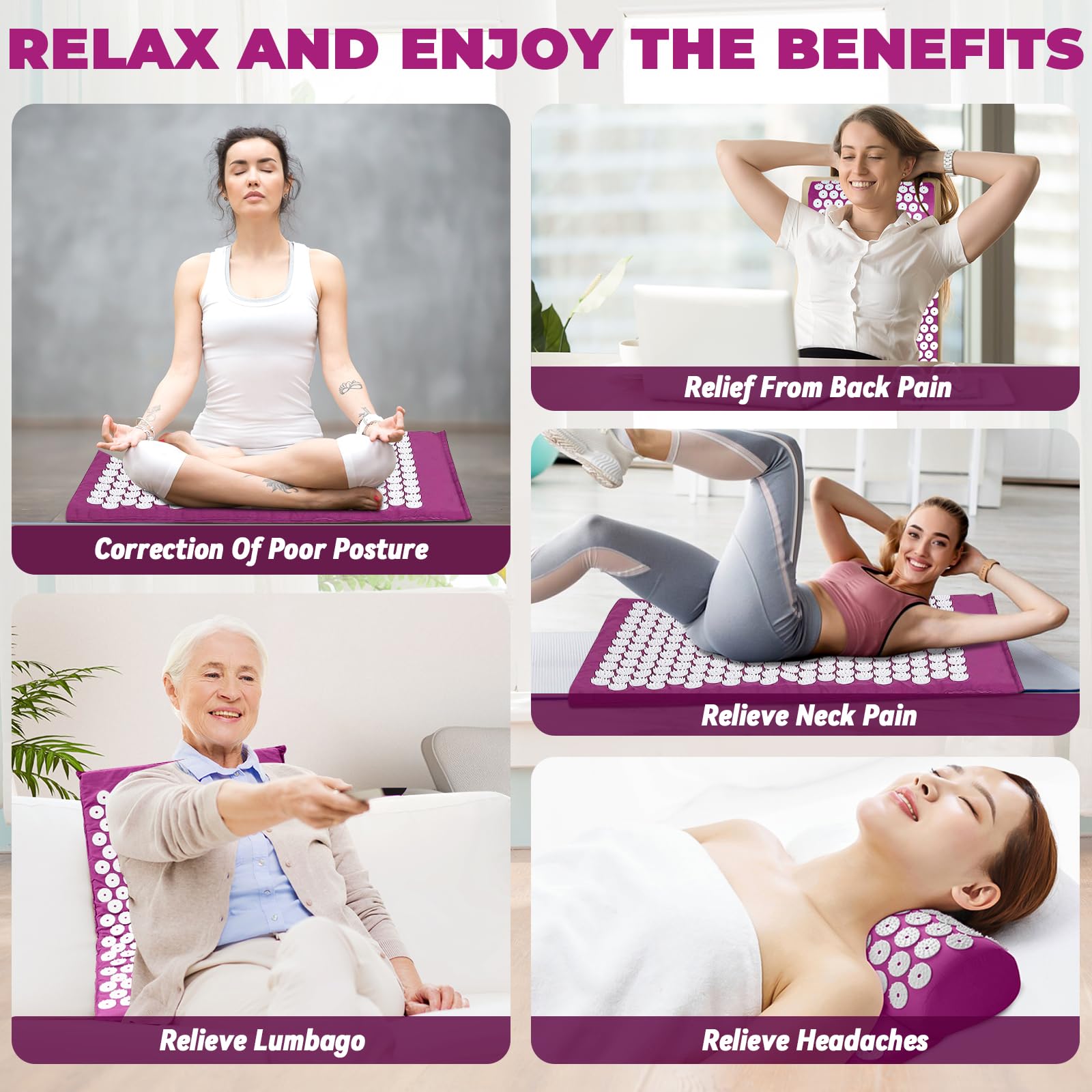 Cojín de Acupresión con Almohada, Almohadilla de Acupresión Mat de Masaje de Acupresión para Alivio del Dolor, Relajación Muscular, Meditación, Estimulación(Púrpura)