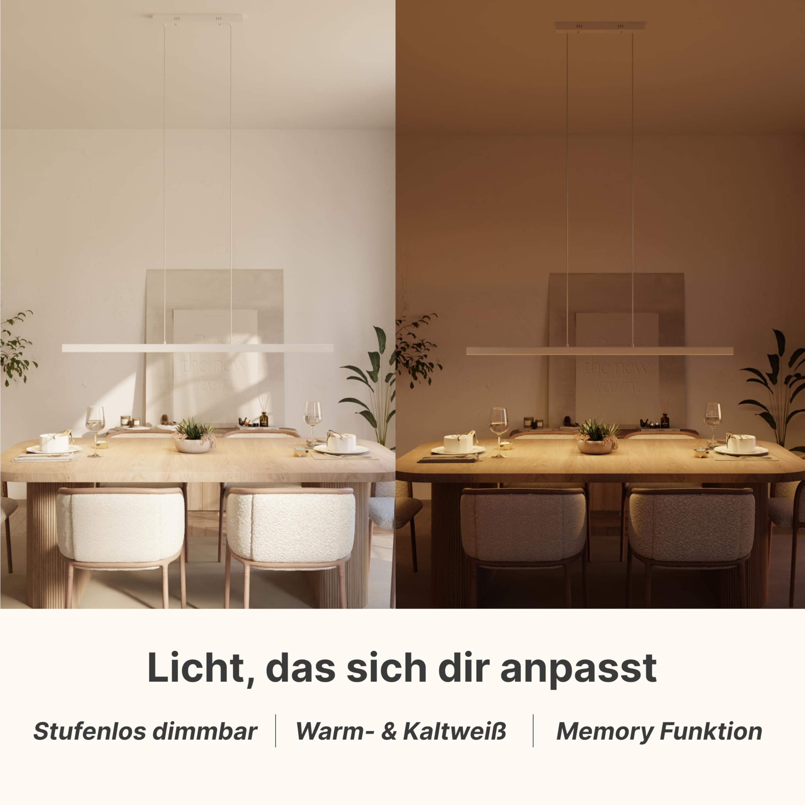 Dimmbare Pendelleuchte 'Calimera', LED Deckenleuchte, moderne Hängelampe Esstisch Wohnzimmer Smart Home Alexa Google Home Tuya Weiß 150cm