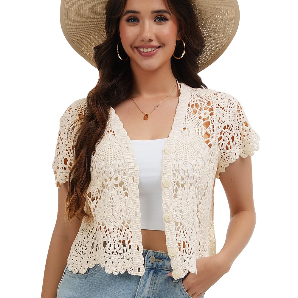 Boléro à manches courtes pour femme avec dentelle au crochet