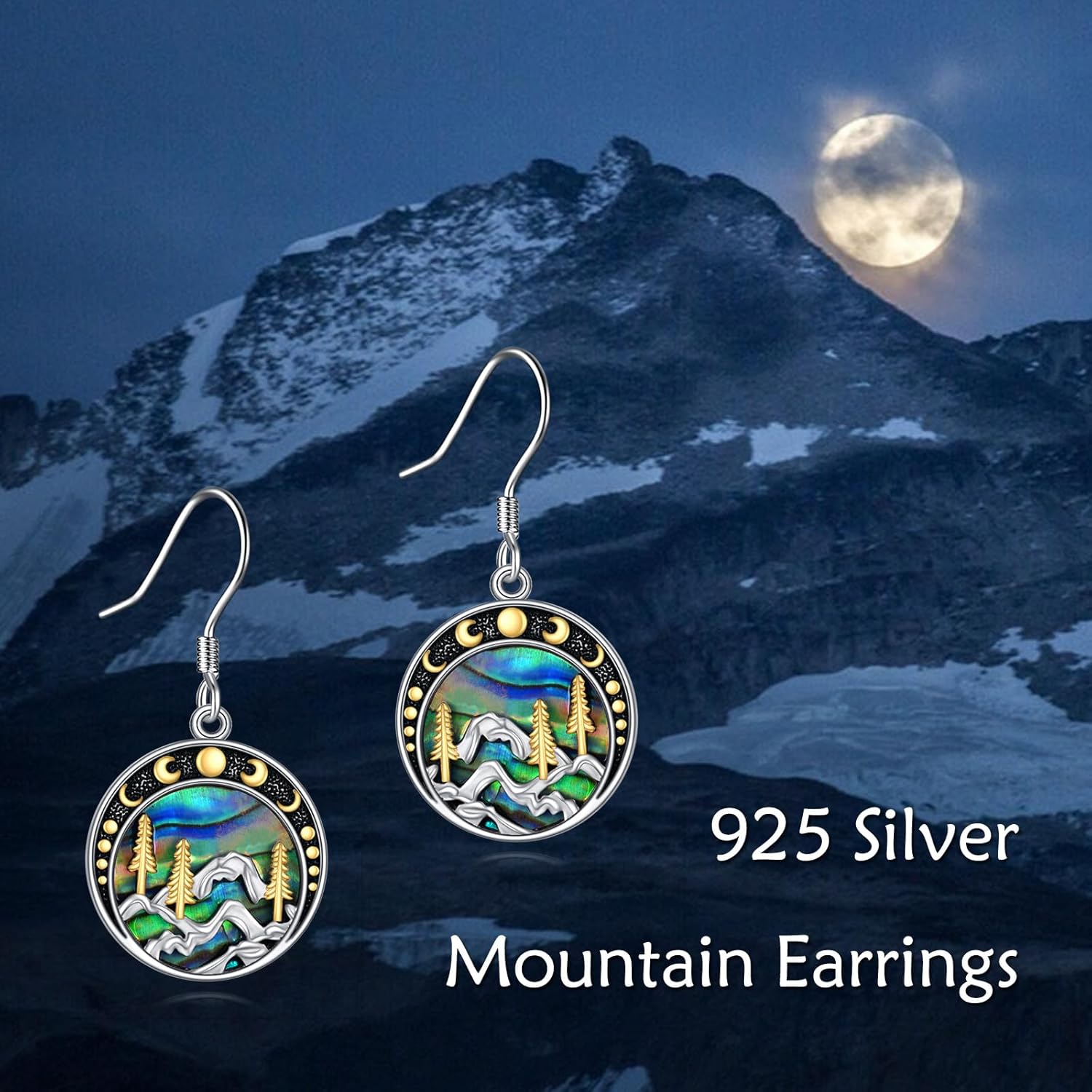 Mountain Earrings Gifts Sterling Silver Abalone Sun Mountain and Tree Dangle Earrings Nature Jewelry Gift for Skiers, Hikers, Campers, Climbers,Nature Lovers - Image 4