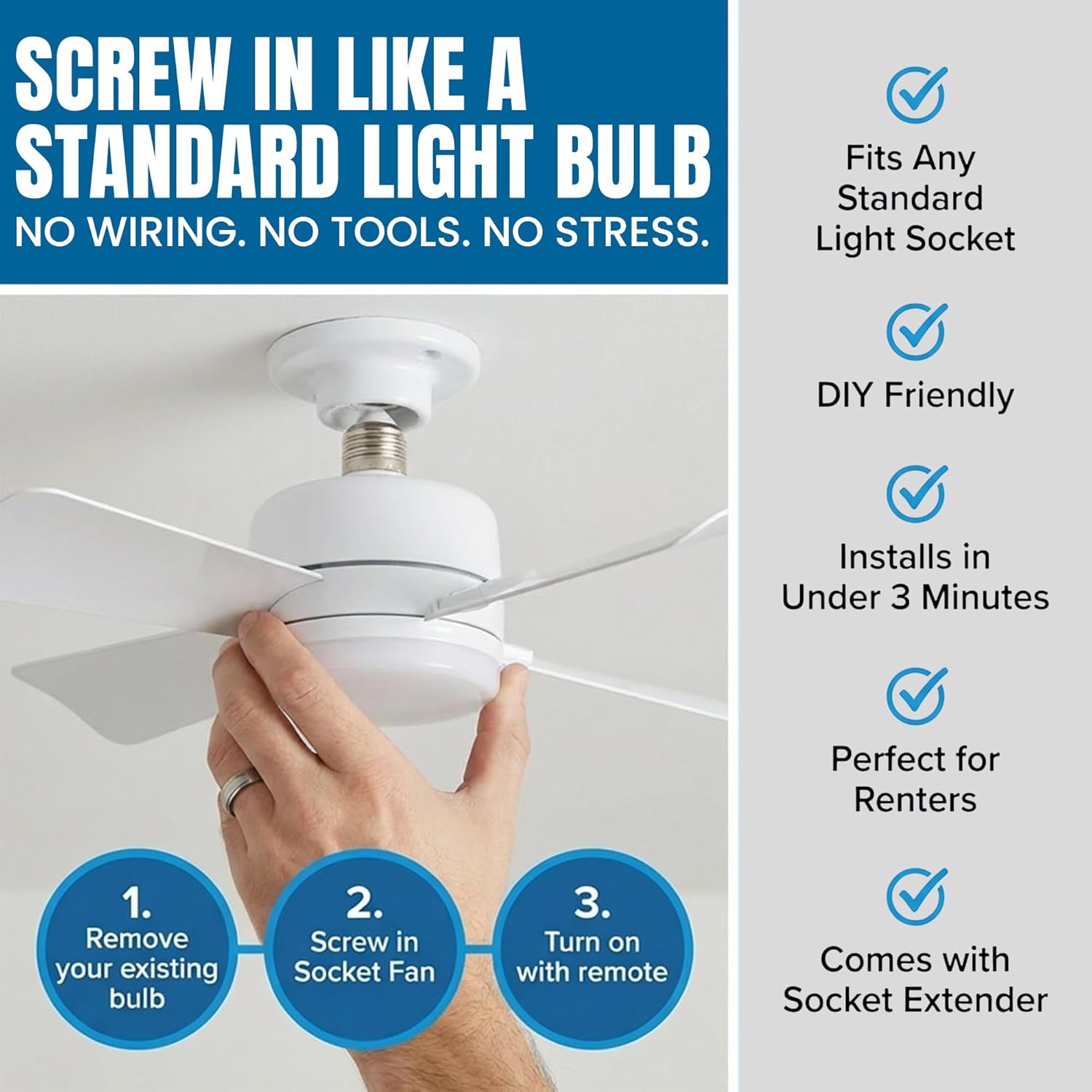 Bell+Howell Socket Breeze 15.4" Socket Fan Light, 5-Speed Deluxe Model – Portable Low Profile Ceiling Fans with Lights and Remote Control – For Bedroom, Kitchen, Living Room