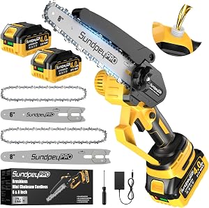 Mini ferăstrău cu lanț cu acumulator SundpeyPRO, 8000 mAh, motor fără perii, 6 și 8 inch, lubrifiere automată, întinzător de lanț fără unelte, pentru tăierea crengilor