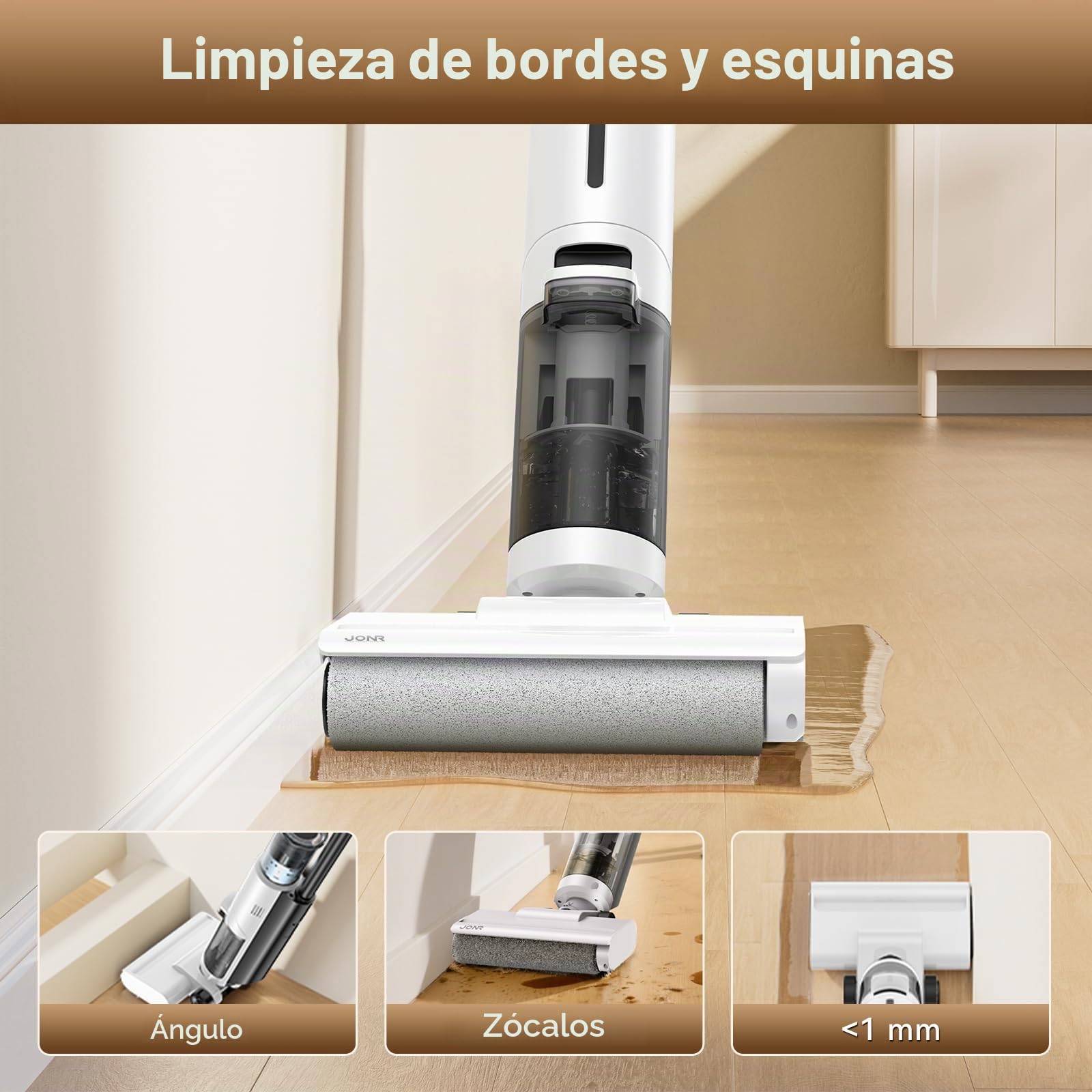 JONR ED12 Lite Aspirador en Seco y Húmedo, Aspirador y Mopa 4 en 1 sin Cable, Cepillo Limpiador de Bordes, Función de Autolimpieza, Autonomía 25 Min, para Suelos Duros y Pelo de Mascota.