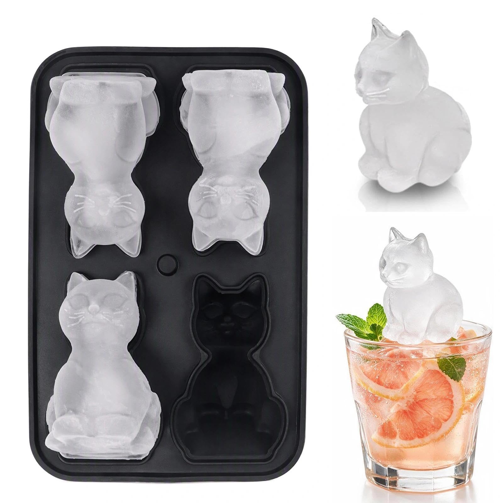 Cat Ice Cube Tray, 3D Cat Ice Cube Tray Mould with Lid, 4-Hole Large Ice Cube Moulds with Cats Shape Design, Reusable Silicone Ice Mould for Home Bar Party Drinks, for Whisky & Cocktails, Black