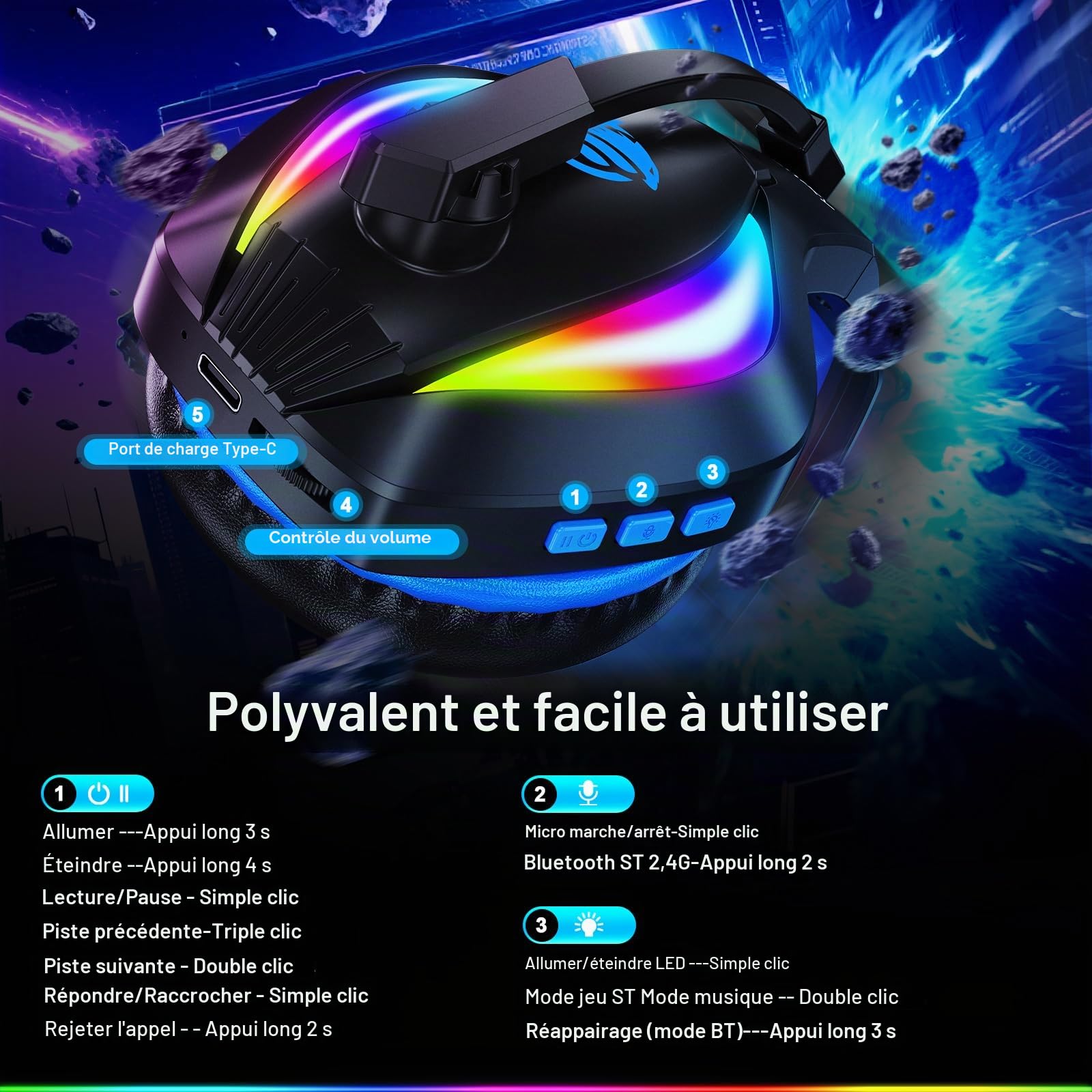 Fachixy FC100 Casque de Jeu sans Fil avec Microphone, 2,4 G, pour PS5, PS4, PC, Switch, Mac, Son Surround, Bluetooth, sans Fil, avec lumière LED, Plus de 50 Heures d'autonomie