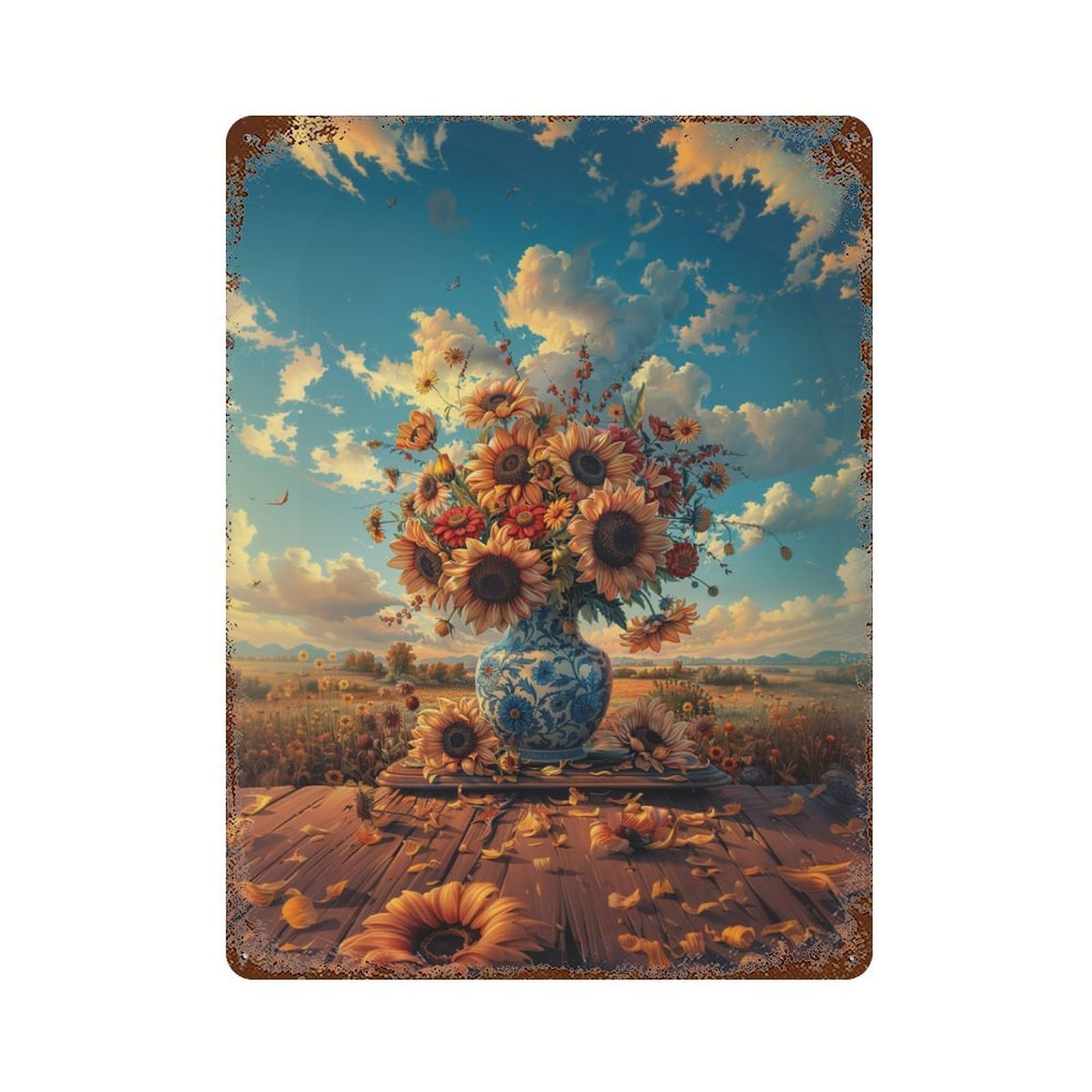 Sunflower Field Vase Scene Retro Metal Sign 15.7"x11.8", Novelty Wall Decor for Garage, Pub Or Kitchen