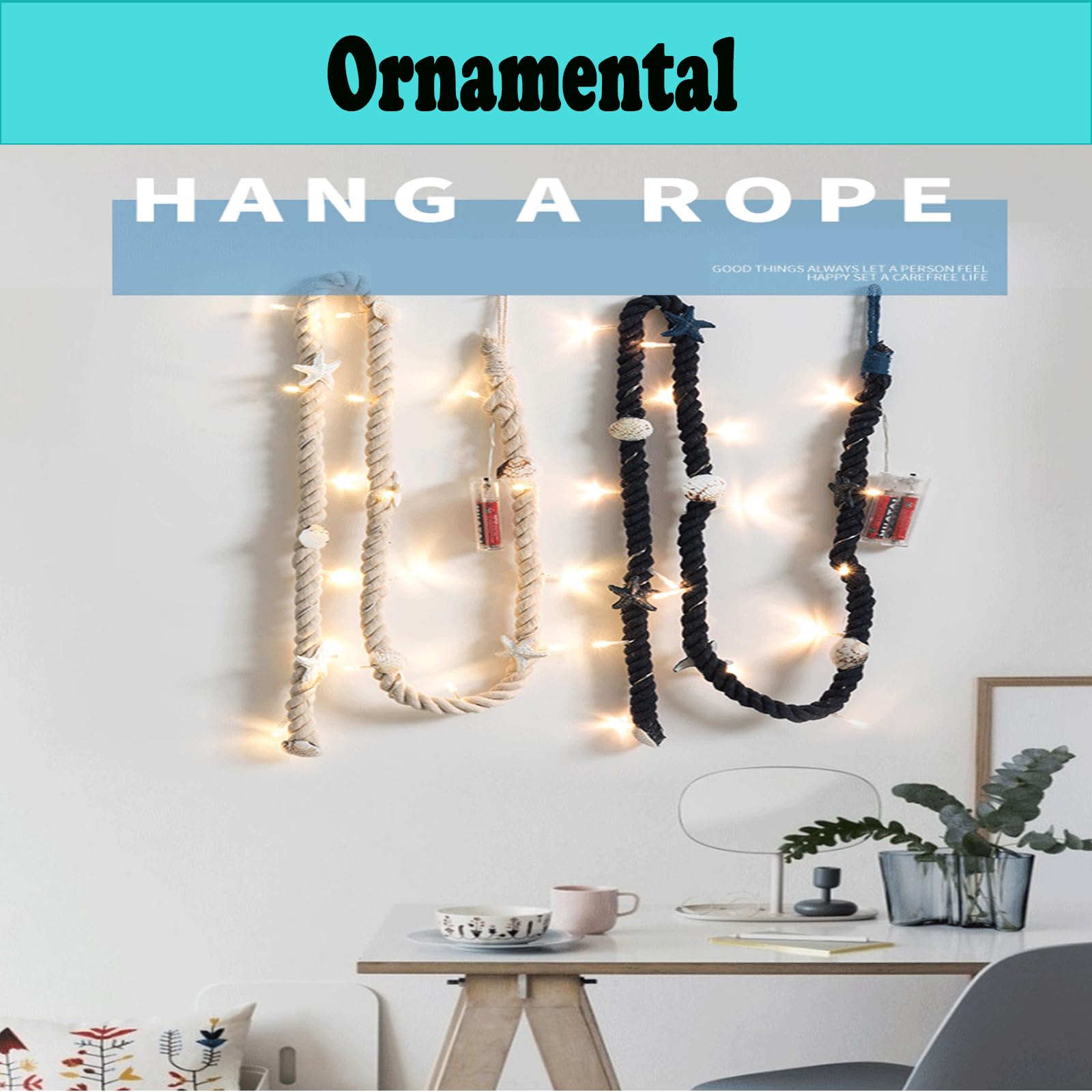 Wankd- Catena di luci a LED a tema conchiglie, decorazione da tavolo marittima, 15 LED, con stelle marine e conchiglie, estiva, funzionamento a batteria, 1,5 m (corda di cotone beige scuro