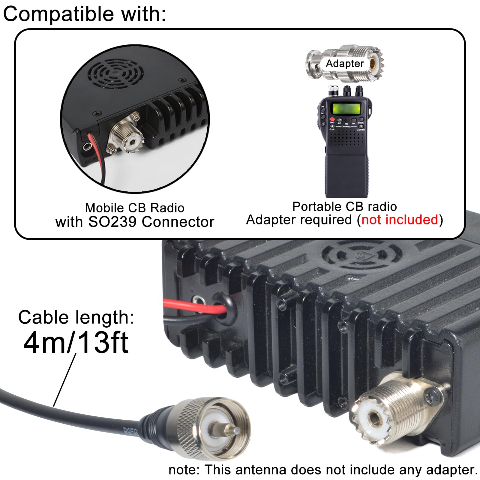 Antenne 27MHz CB avec Base Magnétique Connecteur PL259, Câble RG-58 de 4 Mètres, Adaptée aux Radios CB Mobiles/Portables