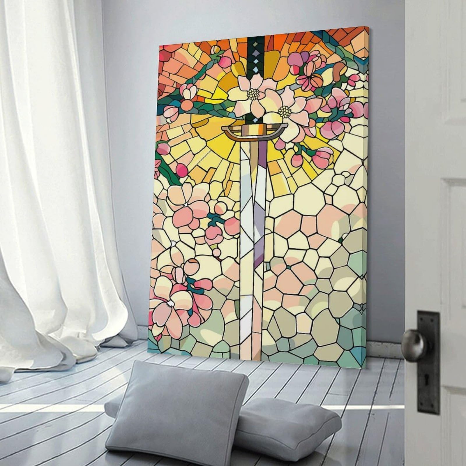 Junmoney Canvas Wall Decor Stained Glass Sword And Flowers, 20x30inch(50x75cm), for Lounge Decor, Bedroom Walls Or Flats, Eye Catching Artwork for Blank Walls