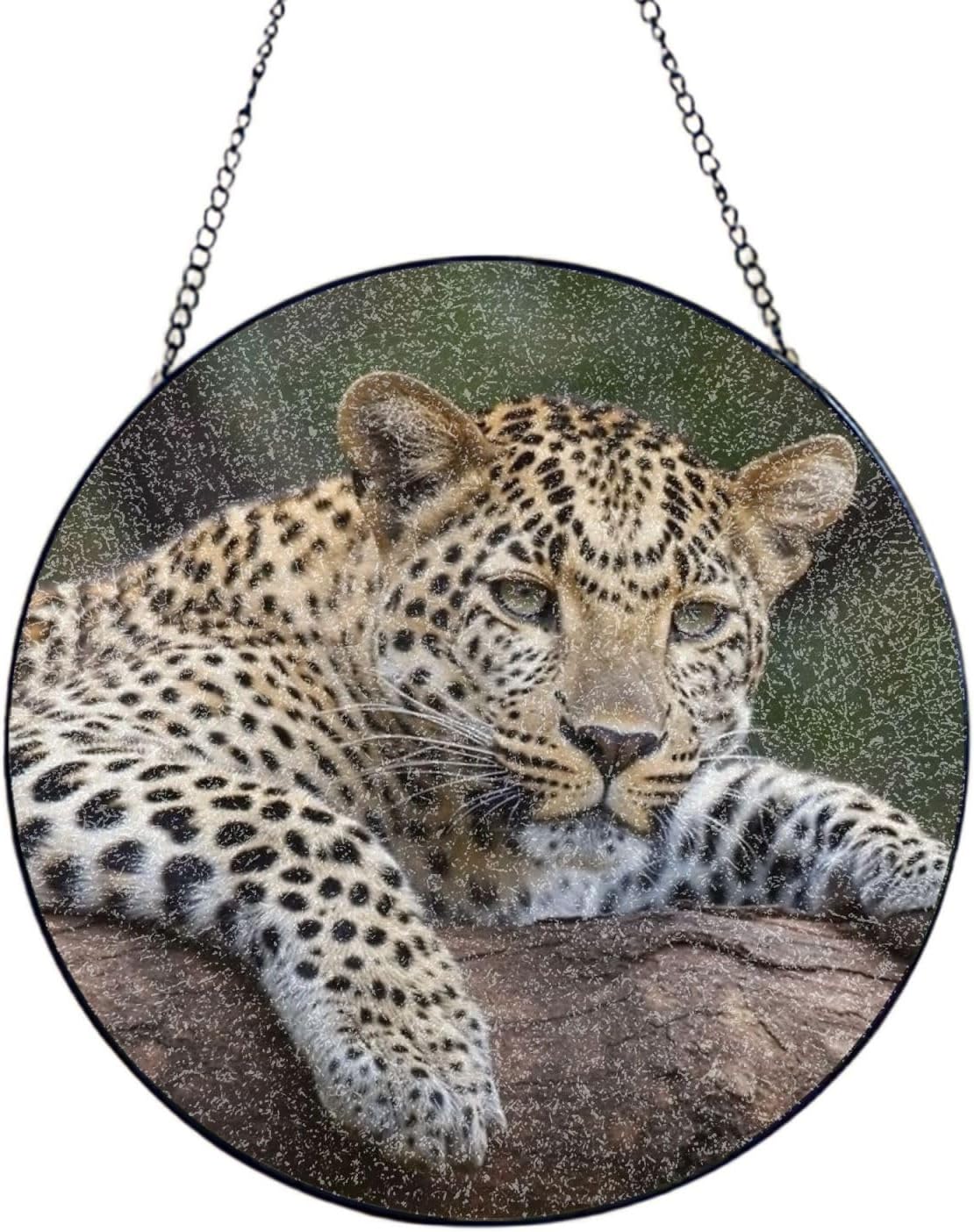 10in Stained Glass Window Hanging,Window Suncatcher Glass Panel with Metal Chain Leopard Resting On A Tree Sun Catchers Wall Art Home Decor Gift for Women Mother's Day