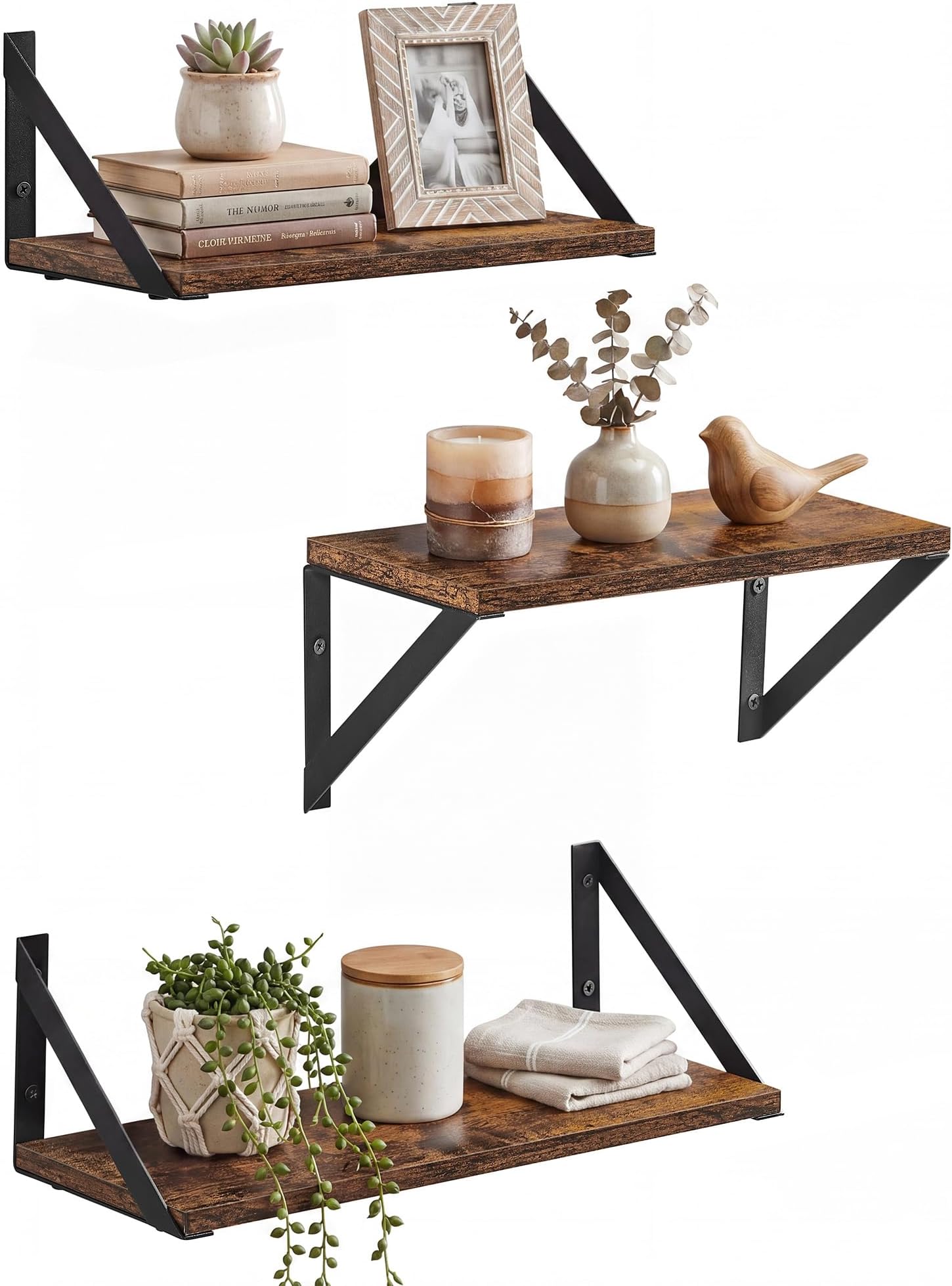 VASAGLE Set of 3 Floating Wall Shelves for Jewelry, Photo Frames, Spice Bottles, Toiletries, Living Room, Bedroom, Kitchen, Bathroom, Rustic Brown and Black