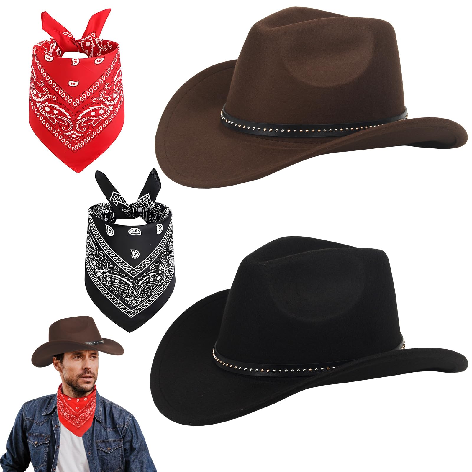 PGonline 4 Pack Cowboy Hats Felt Western Set, Black & Brown Cowboy Hats with Red & Black Bandanas, Texas Texan Costume Accessories for Men, Women, Adults Wild West Fancy Dress Party