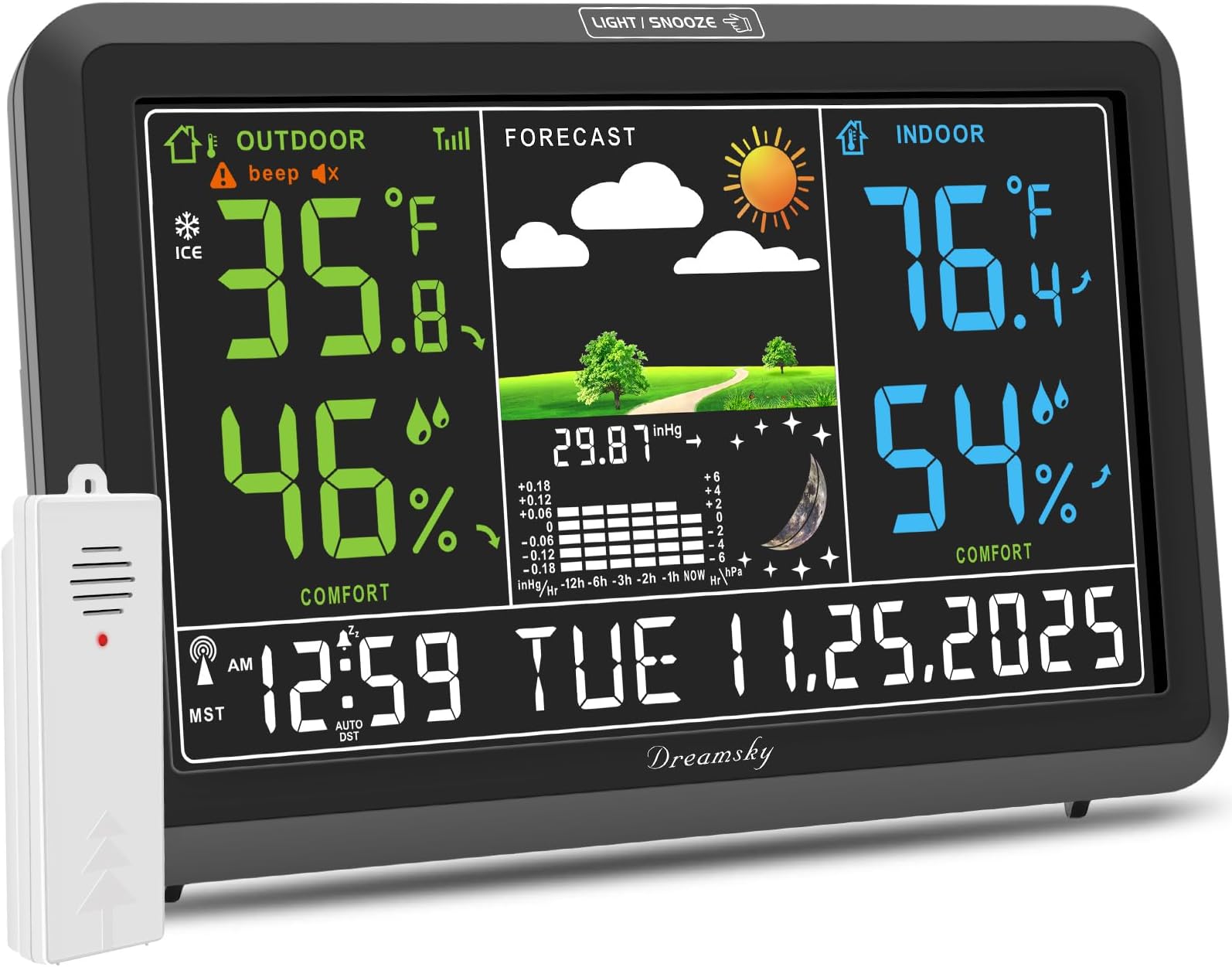 DreamSky Weather Station Indoor Outdoor Thermometer Wireless with Digital Atomic Clock for Home, Large Display with Dimmer, USB Port, Inside Outside Temperature Humidity Monitor (Plug-in)