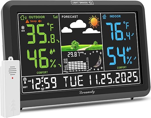 Dream Sky Weather Station Indoor Outdoor Thermometer Wireless with Digital Atomic Clock for Home