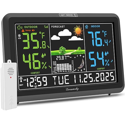 Dream Sky Weather Station Indoor Outdoor Thermometer Wireless with Digital Atomic Clock for Home