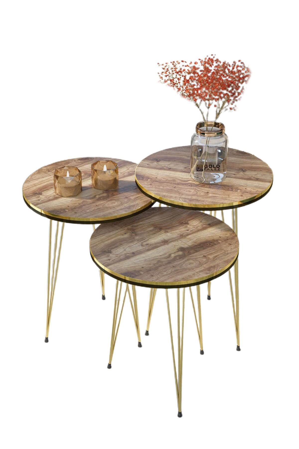 MOOGCONesting Coffee Tables with Metal Legs,Round Set of 3 End Tables for Living Room,Stacking Side Tables,Set of 3 Accent Table for Living Room,Small Side Table (Walnut)