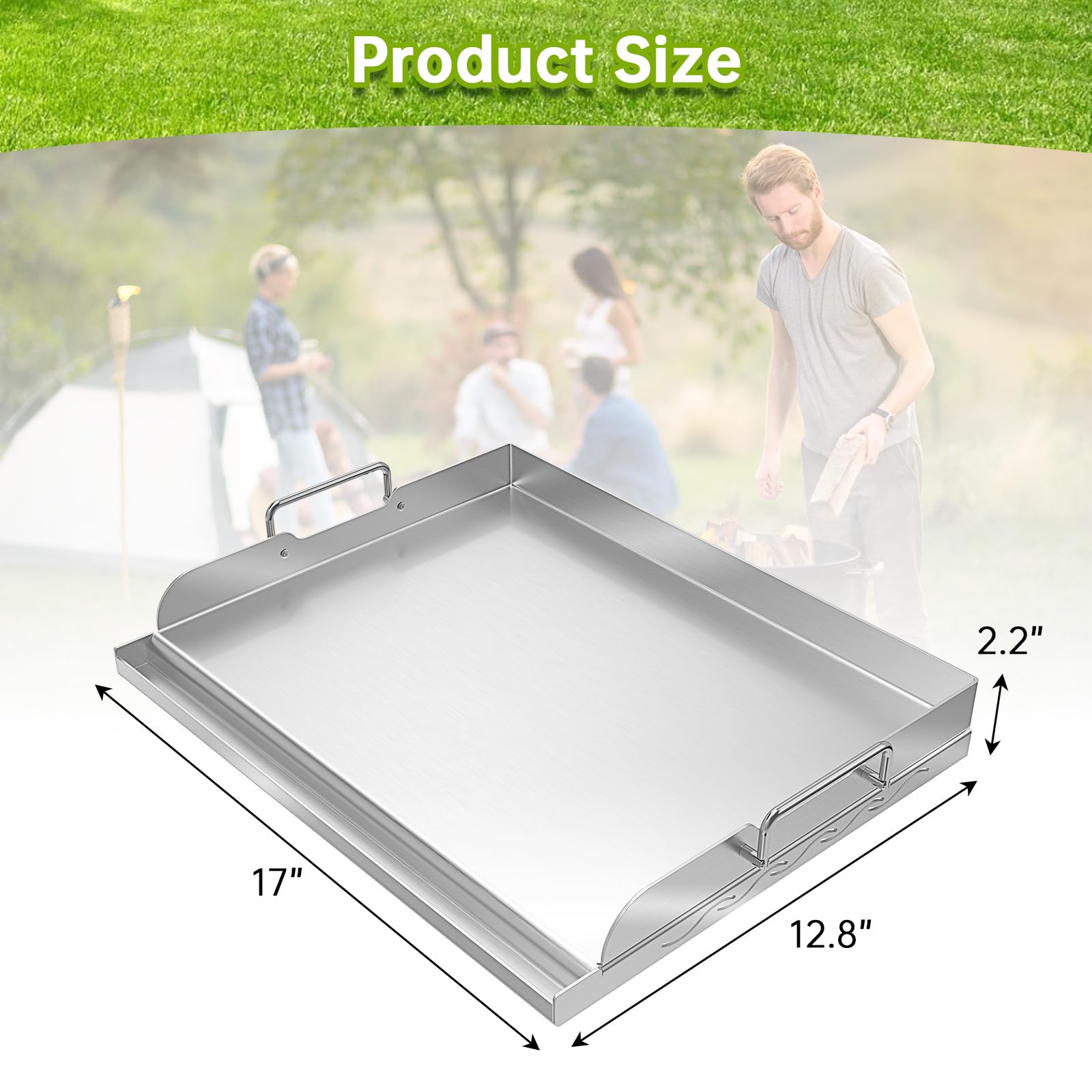 Plancha universal de acero inoxidable con soporte de calefacción uniforme para parrillas de carbón y gas, campamento, fiestas y fiestas, con ranura para grasa y asas extraíbles (17 x 13 pulgadas) 5