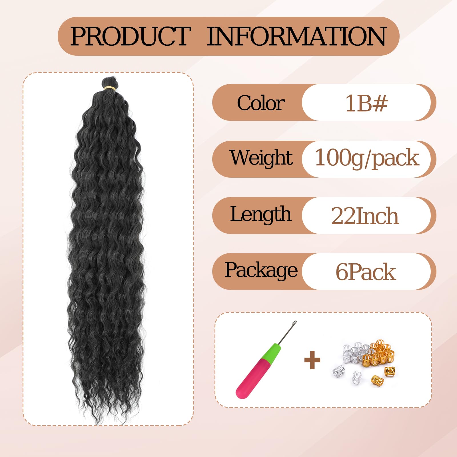 TAOYEMY Deep Wave Crochet Curly Braiding Hair 22 Inch 6 Packs Ocean Wave Crochet Hair Extensions Synthetic Curly Crochet Hair For Women (1B - Image 2