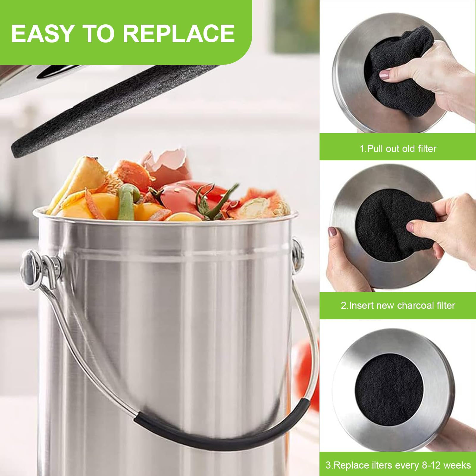 8 Pièces Filtres Compost Ronds, Filtres à Charbon Actif Filtre Anti-Odeur pour Poubelles à Compost Ronds, Convient aux Poubelles Jusqu'à 17 cm