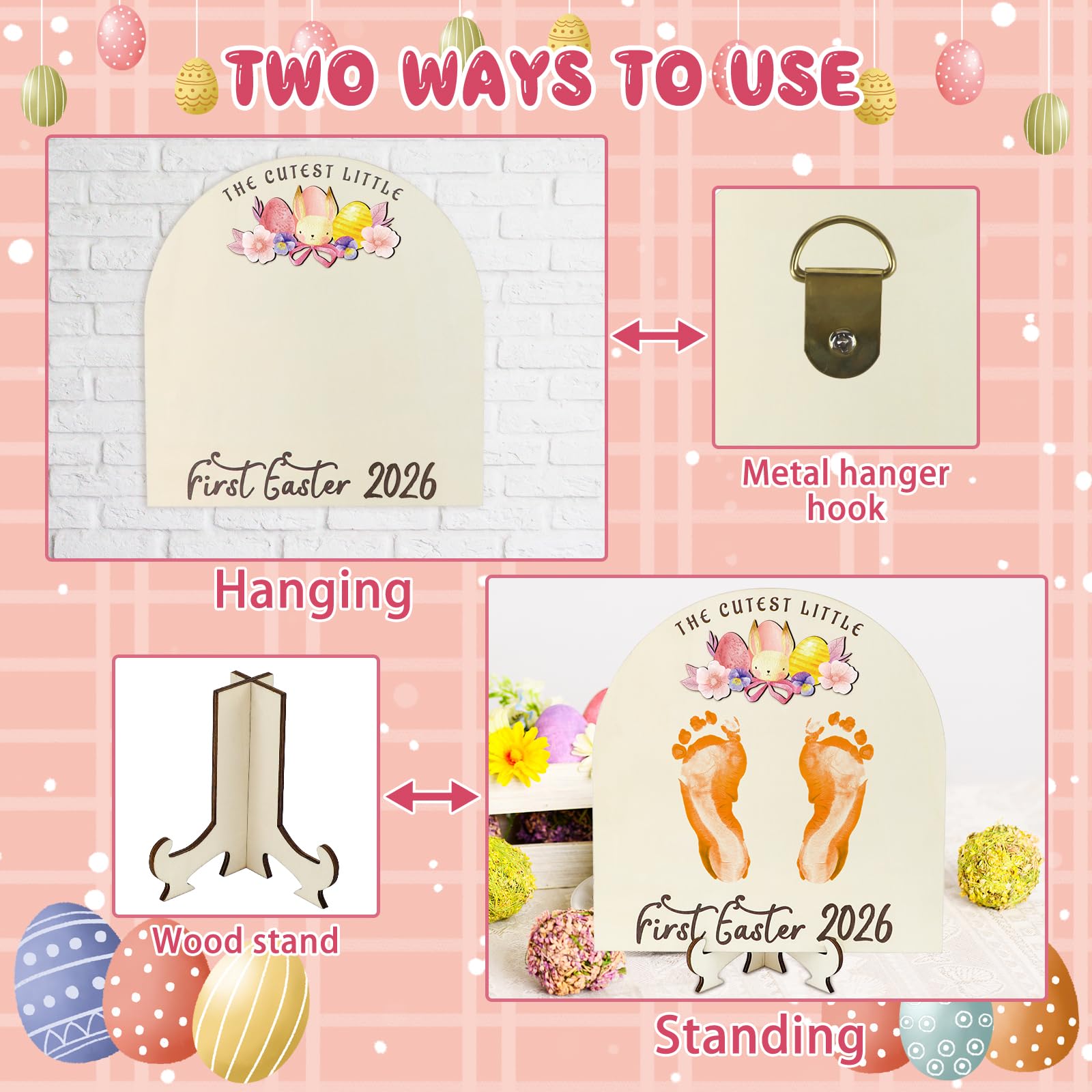 Panneau en bois à faire soi-même pour la première fois de Pâques de bébé, cadeaux de Pâques « My Baby 1st Easter Milestone Signs Have 3D Eggs Carotte Bunny Footprints », cadeaux décoratifs pour les