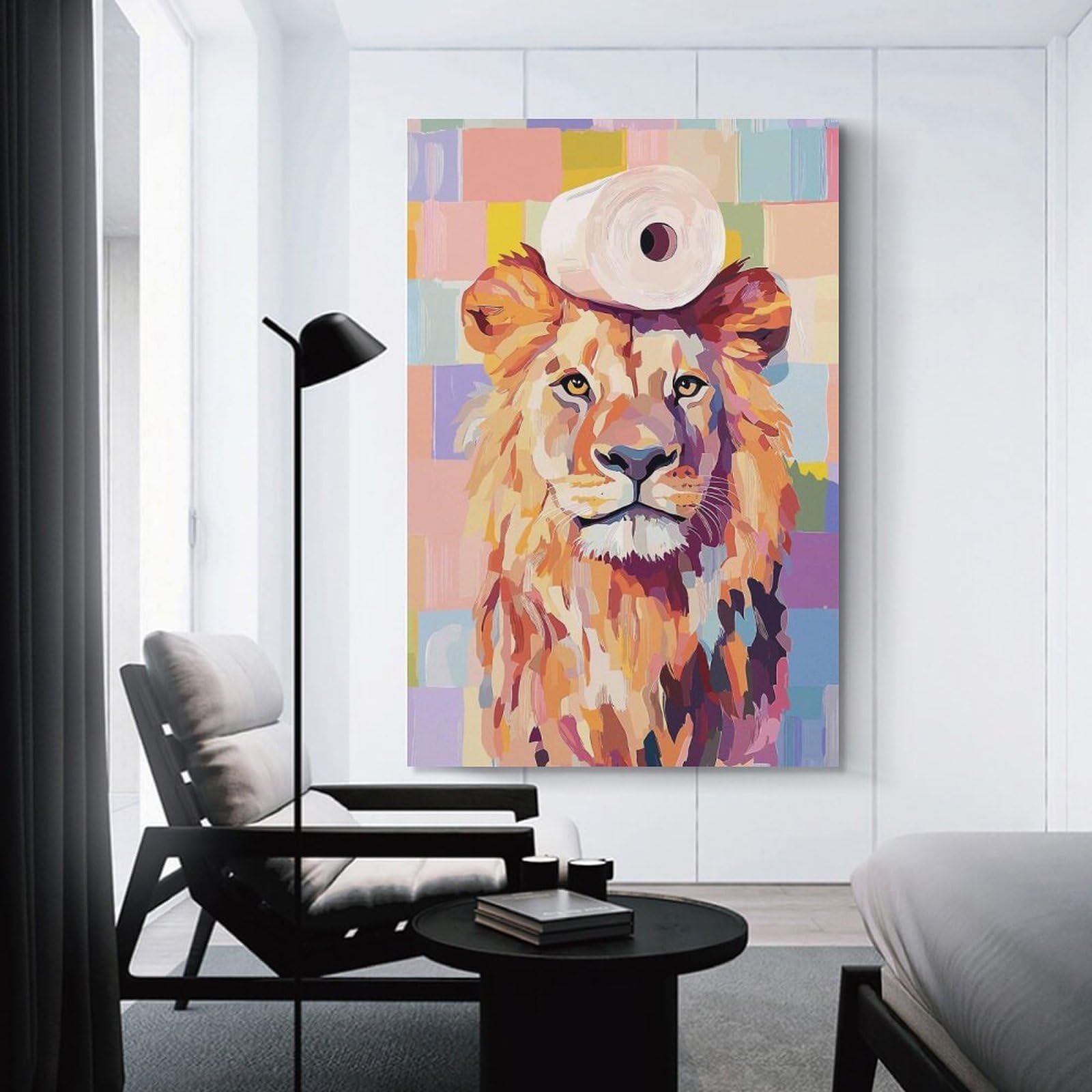 Junmoney Lion with Toilet Paper Hat Canvas Art Print 24x36inch(60x90cm), for Gallery Wall Layouts in Home Or Office, Decorative Artwork with Flexible Styling