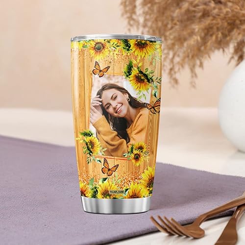 Miniatura 4 de Vaso de café personalizado con diseño de girasol, taza de viaje con tapa, foto personalizada, regalos de cumpleaños para mujeres, abuelas, niñas,