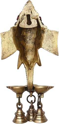 Miniatura 8 de eCraftIndia Obra de piedra dorada y colorida hecha a mano Lord Ganesha colgante de pared de latón Diya de 3 mechas con 3 campanas - Diya de