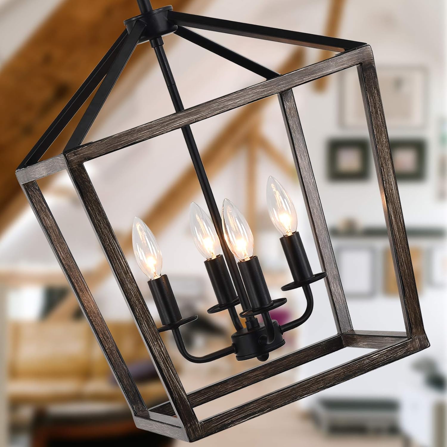 Lantern Oak Wrought Iron 4 Lights, Palacelantern Adjustable Height Pendant Light fixtures Ceiling Hanging with Iron Finish, Farmhouse, Foyer and ...