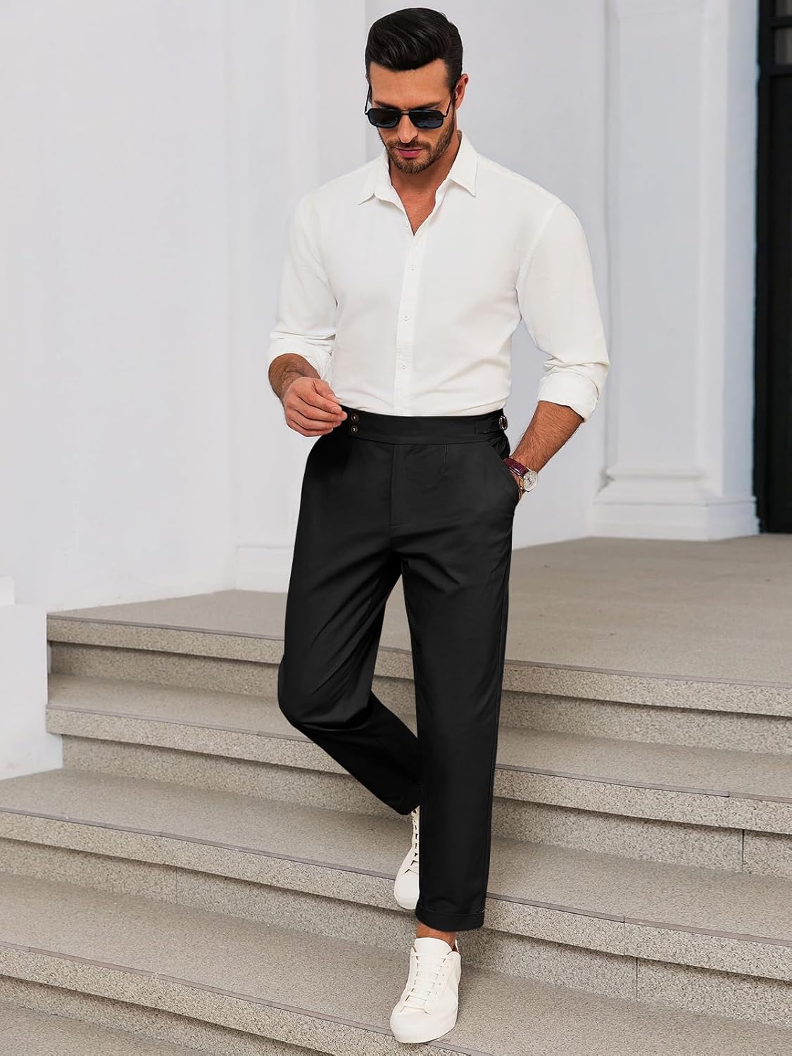 Runcati Mens Chinos Cotton Pants Slim Fit Pleated Front Dress Pants Casual Stretchy Tapered Trousers - Image 4