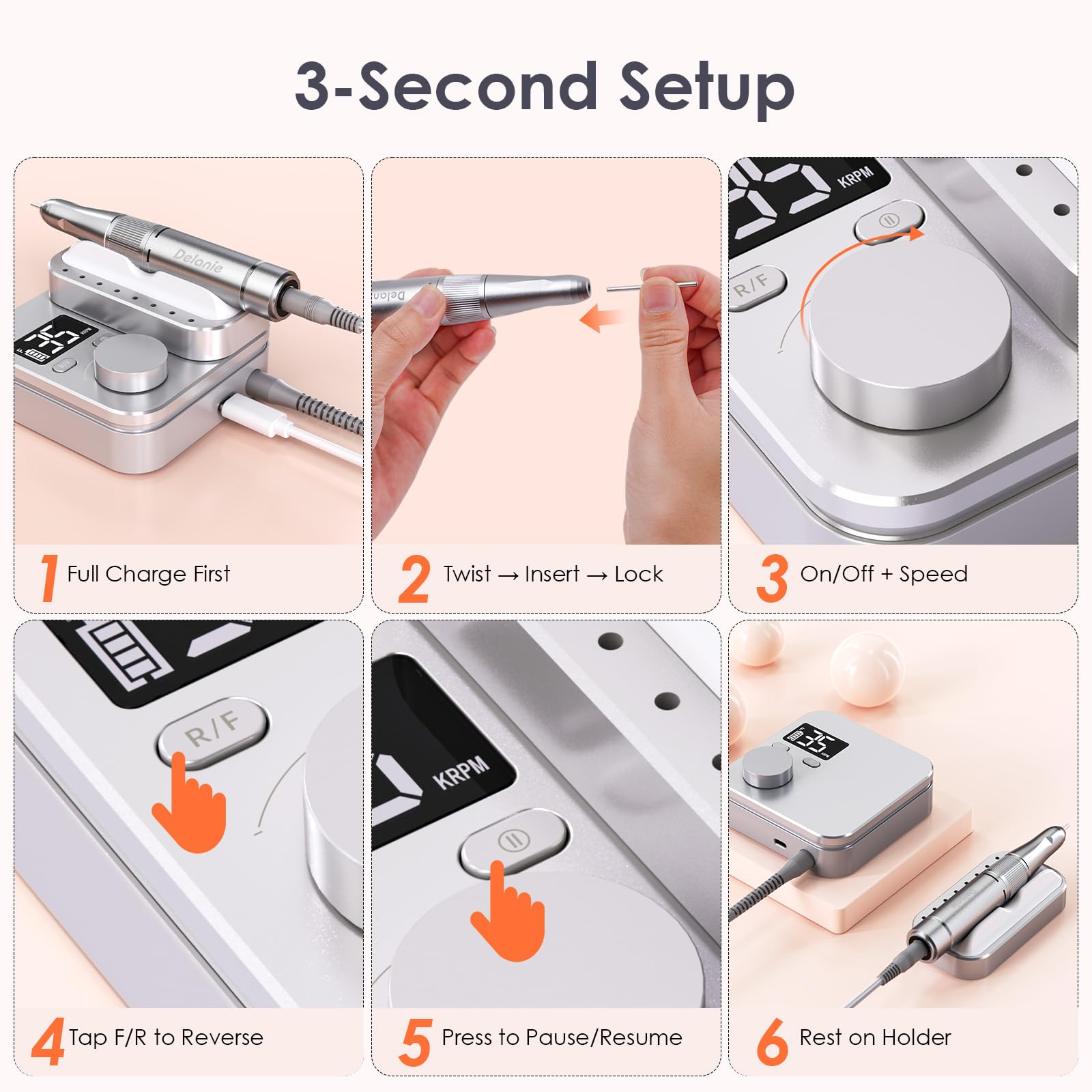 Delanie Ponceuse pour Ongles Sans Fil Professionnel 35000RPM ,Lime à Ongles Électrique Rechargeable avec Pause Bonton pour Manucure Pédicure