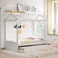 Vista 5 de MERITLINE Cama individual con nido, litera de madera tamaño individual, se puede decorar para niñas, niños, no necesita somier (blanco)