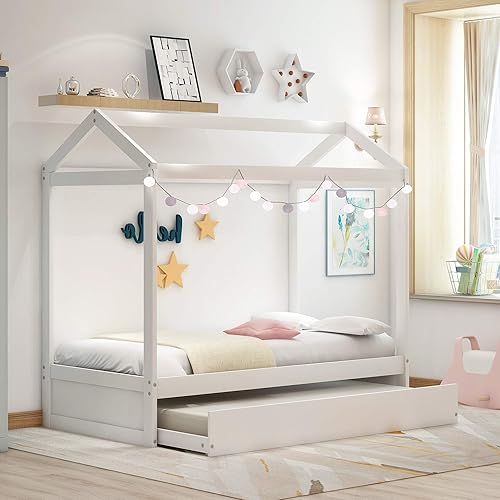 Miniatura 5 de MERITLINE Cama individual con nido, litera de madera tamaño individual, se puede decorar para niñas, niños, no necesita somier (blanco)