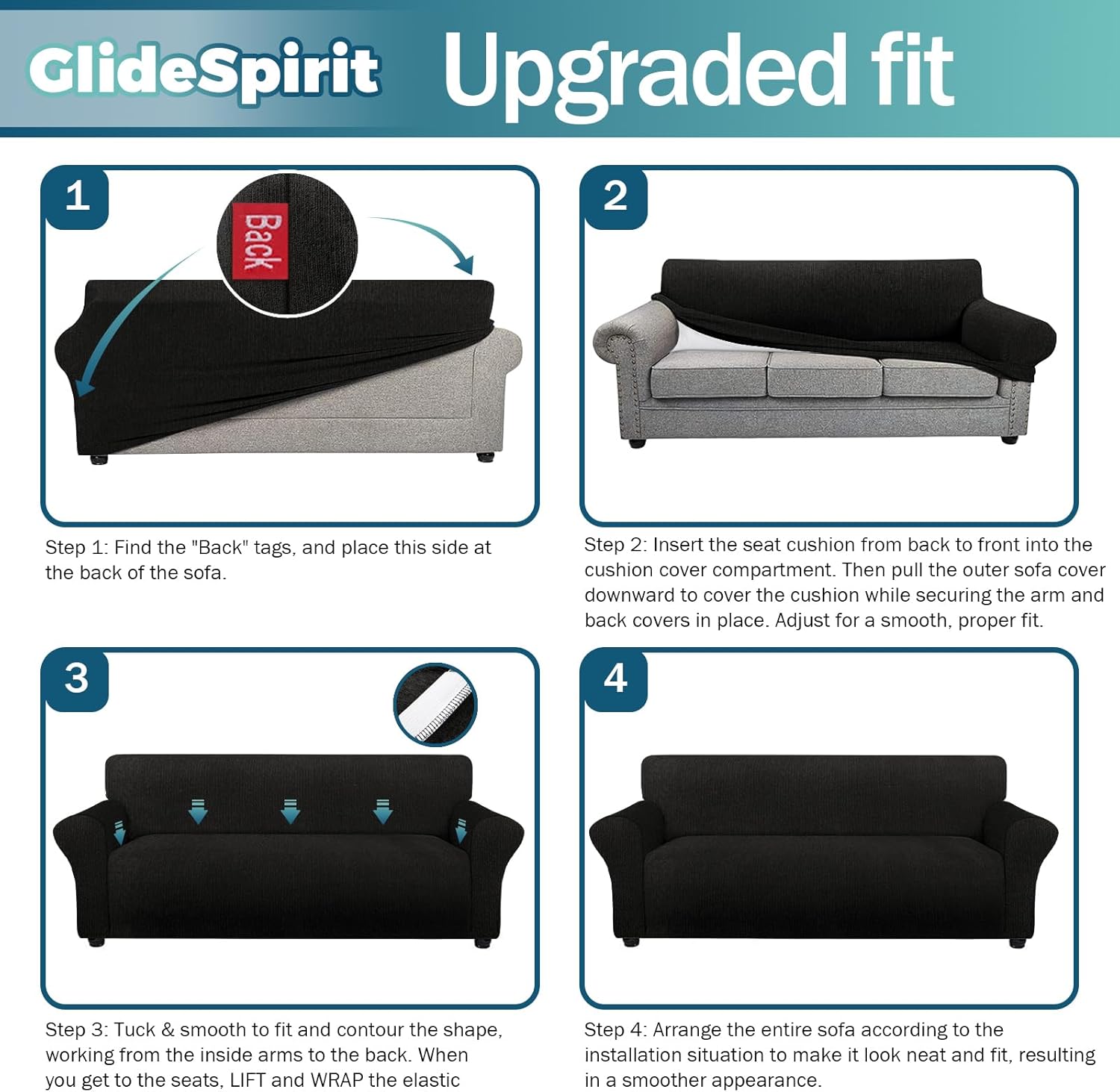 Waterproof Couch Cover, Stretch Non-Slip Sofa Slipcover with Elastic Bottom that Stays in Place - Leakproof Furniture Protector for Kids and Pets - Washable (Sofa, Black)