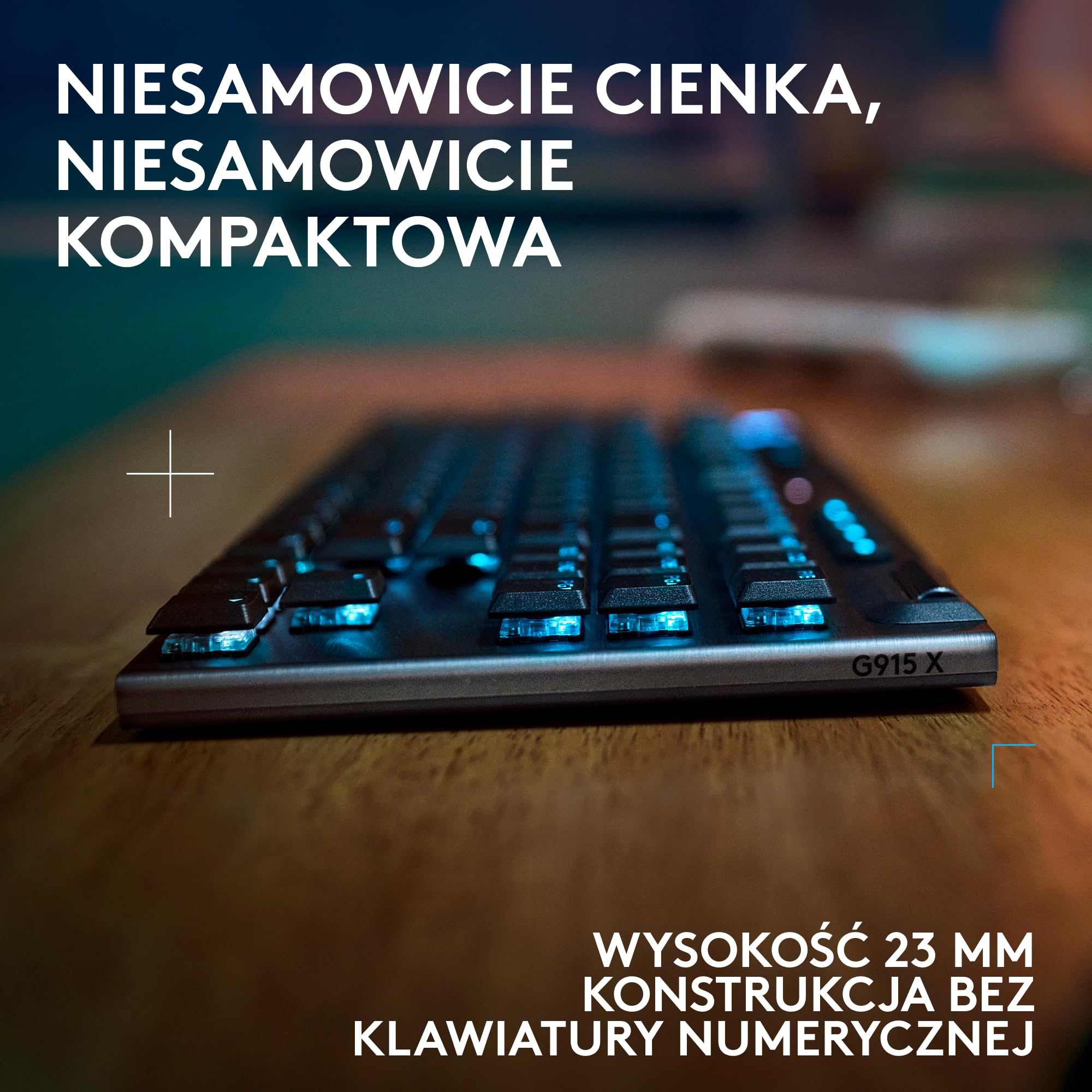 Logitech G G915 X, o płaskim profilu, z technologią LIGHTSPEED, podwójne nakładki na klawisze z PBT, aluminiowe wykończenie, brązowe przełączniki sprężynujące GL Brown, QWERTY US INT'L - Czarny