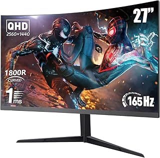 27 Inch QHD 2K 1800R Curved Gaming Monitor 165Hz 1ms 93% DCI-P3 FreeSync G-Sync HDR Game Crosshair Eye Care HDMI DP VESA Built-in Speakers