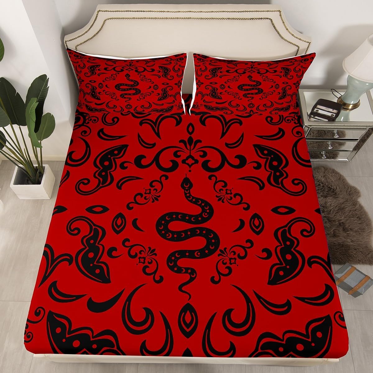 Erosebridal Moth Gothic Fitted Sheet Black Grey Damask Goth Full Bed Sheets for Adults Men Boho Death Moth Skull Halloween Bedding Retro Hippie Animal Floral Fitted Bed Sheet