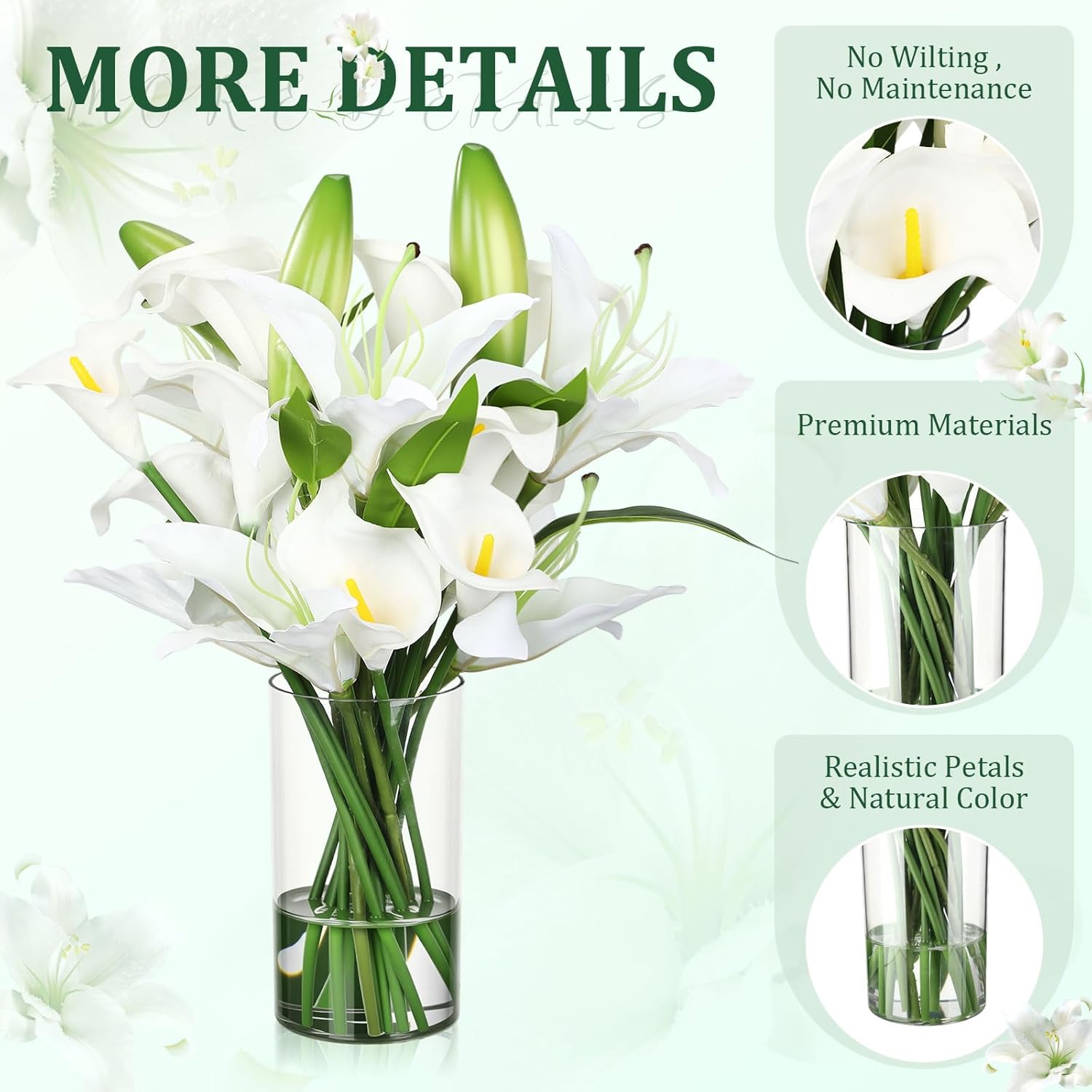 15.74 Inch White Fake Flowers Artificial Calla Lily Lily Flowers Green Bud with Faux Water Realistic Touch for Mother's Day Easter Dining Room Centerpiece Table Wedding Spring Decor