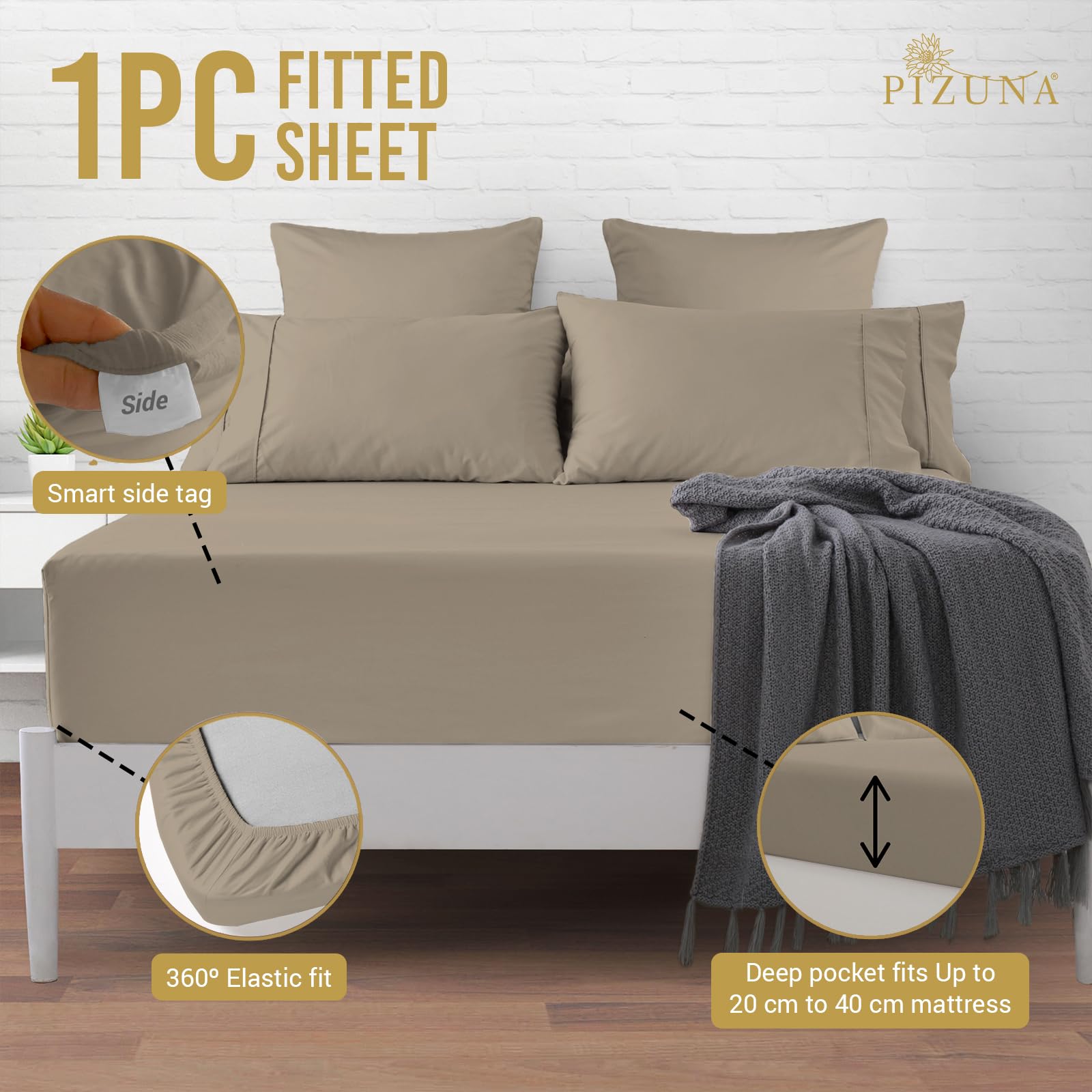 Pizuna Luxury Cotton Fitted Sheets Simply Taupe, 800 Thread Count 100% Long Staple Cotton Emperor Fitted Sheets 200x200cm - Image 4