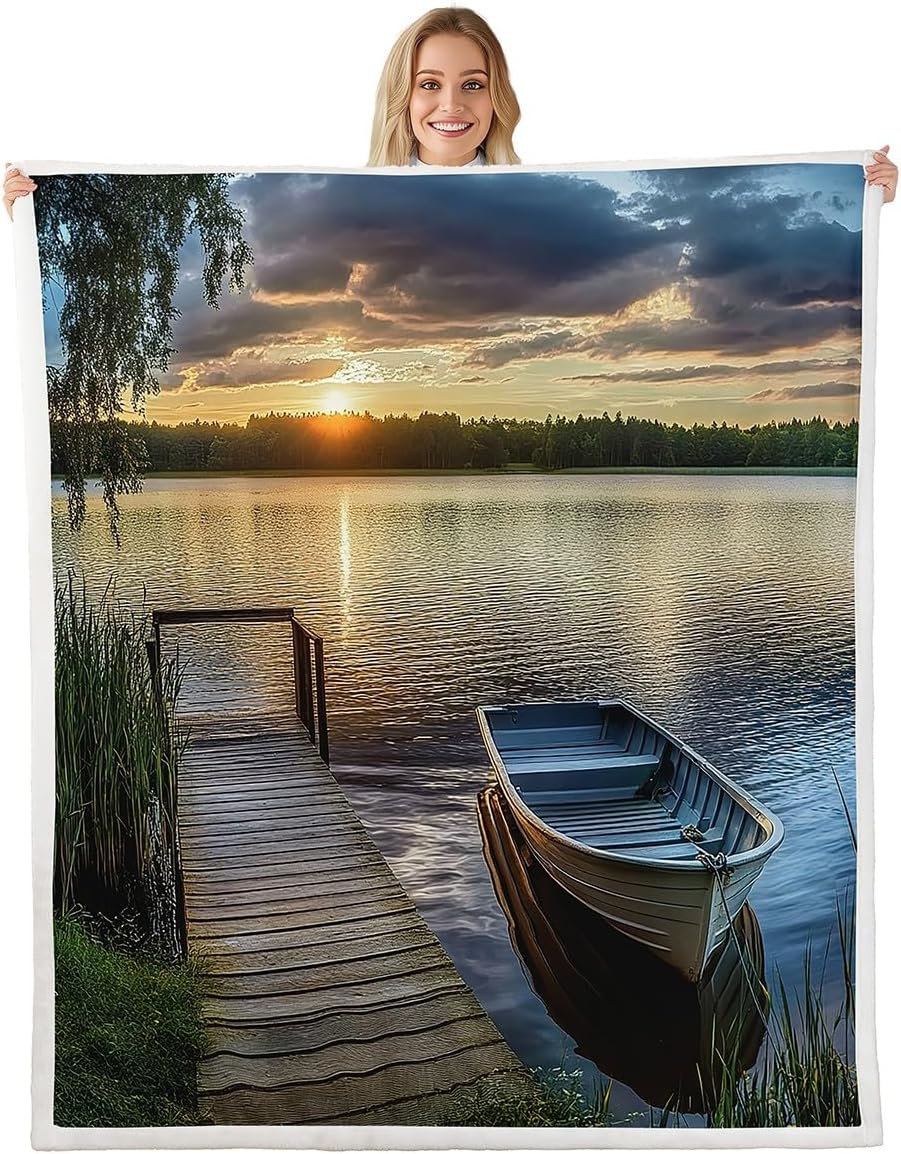 Manfei Lake Life Kids Throw Blanket,Retro Lodge Boat Rustic Nature Bed Blanket for Boys Girls,Lake House Fishing Boating Fleece Blanket,Green Blue Fuzzy Blanket,Twin Size (60 x 80 Inches)