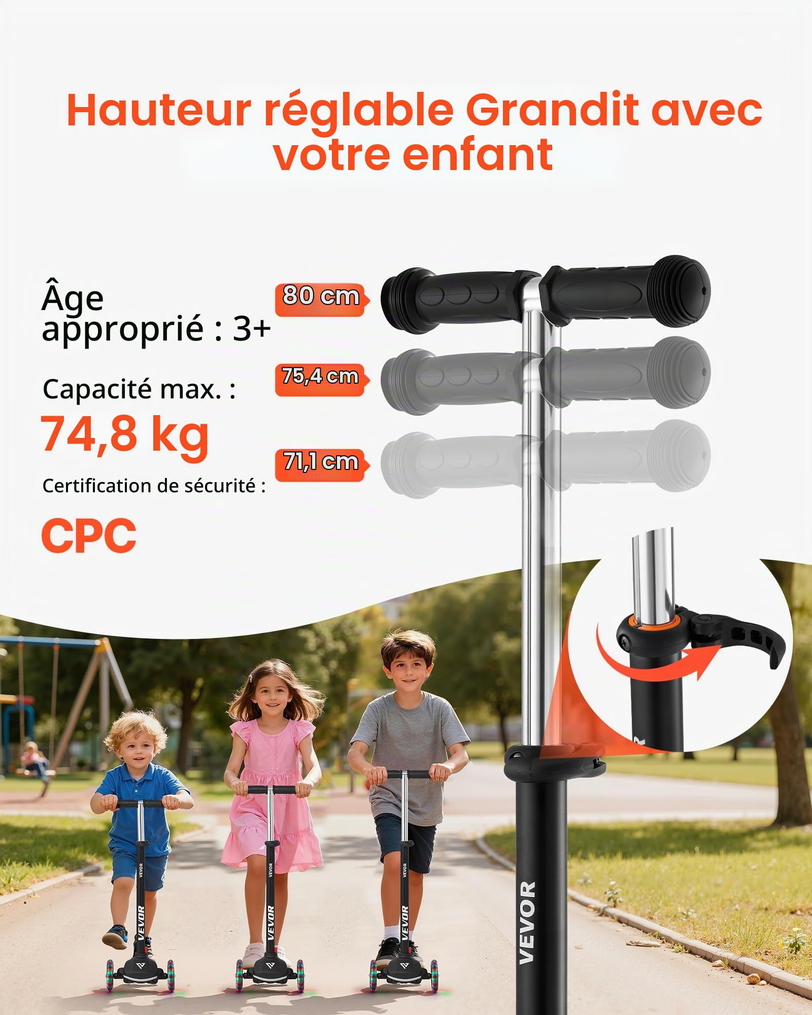 VEVOR Trottinette Enfants 3 Ans et Plus, patinette à 3 Roues avec Roues Lumineuses, Guidon réglable en Hauteur, Large Plateau antidérapant, Cadre Aluminium léger pour garçons et Filles à 74 kg, Noir