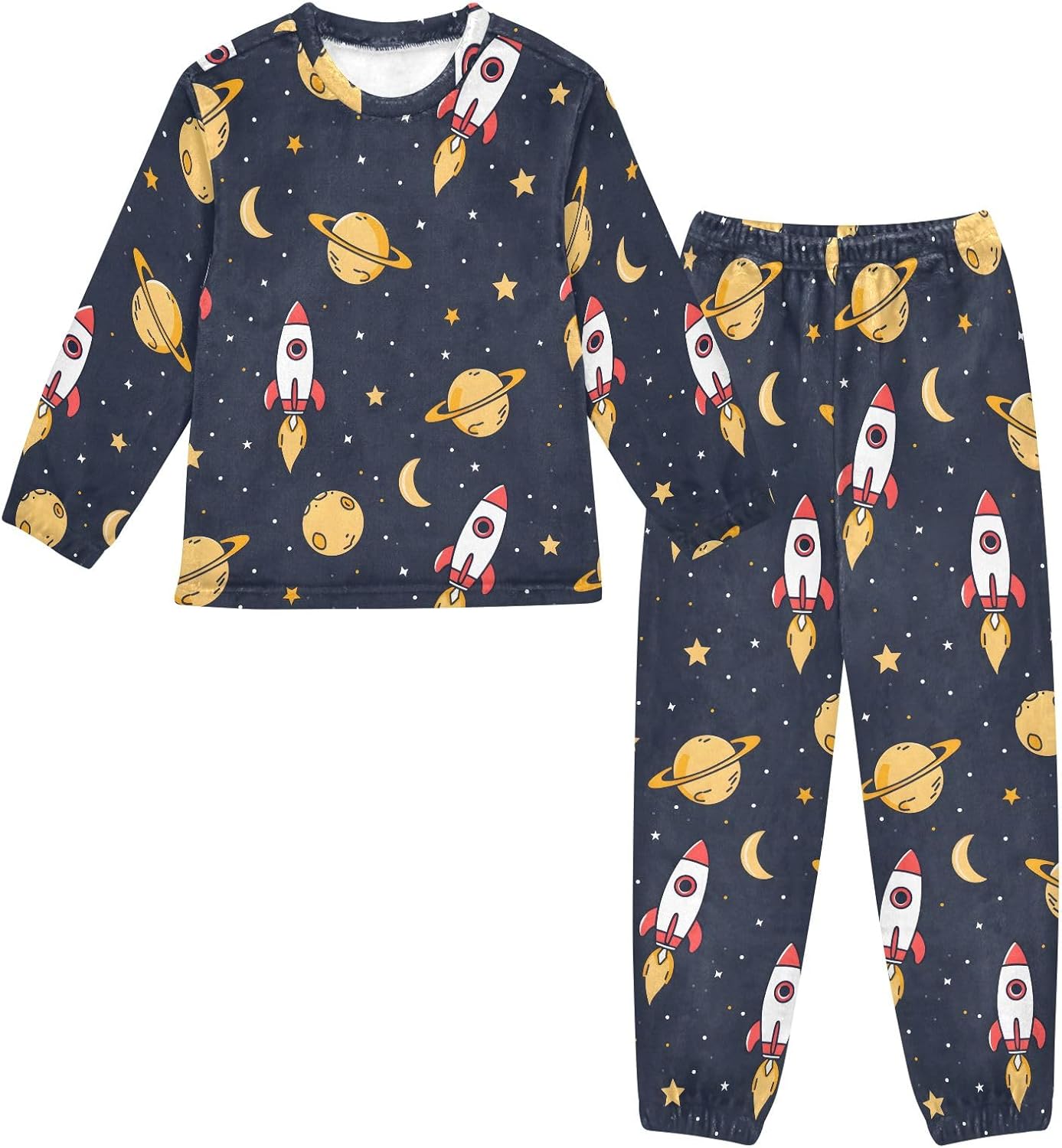 Kids Flannel Sets Rocket Moon Space Warm Plush Relaxed Clothing for Boys and Girls
