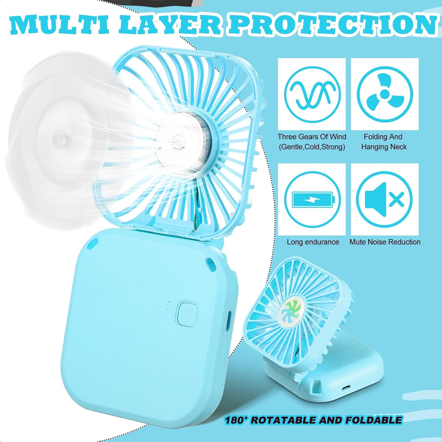 Hortsun 30 Pcs Necklace Fans Mini Handheld Portable Neck Hanging Hand Held Fan for Cooling Personal Small Hands Free 3 Speed USB Rechargeable Battery(Blue)