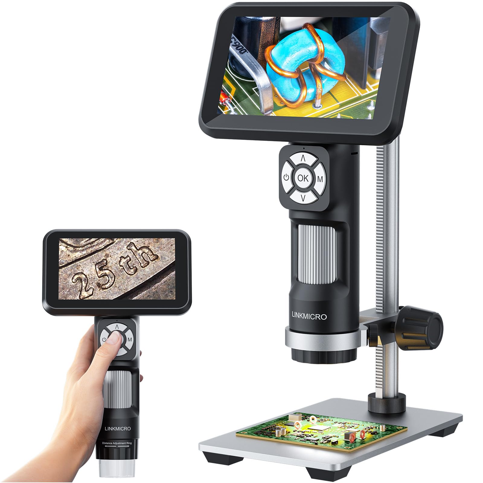 Microscopio digital HDMI 4K para monedas, video UHD 3840P, cámara de microscopio 4K de 1200X con pantalla de 5 pulgadas, lupa de monedas de mano para adultos, 8 luces LED, soporte de metal