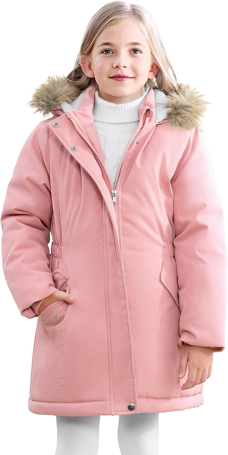 XMWEALTHY Girls' Winter Puffer Coat Kids Warm Windproof Long Parka Hooded Jacket with Fur Trim