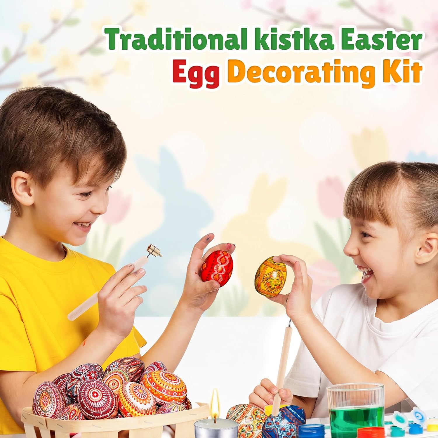 Blushtier 12 Pcs Ukrainian Easter Egg Decorating Kit Pysanky 0.2 0.3 0.4 0.5mm Kistka Pen 2 Double Sided Drop Pull Tool Stand Candle Beeswax Instructions Easter Egg DIY Craft Set