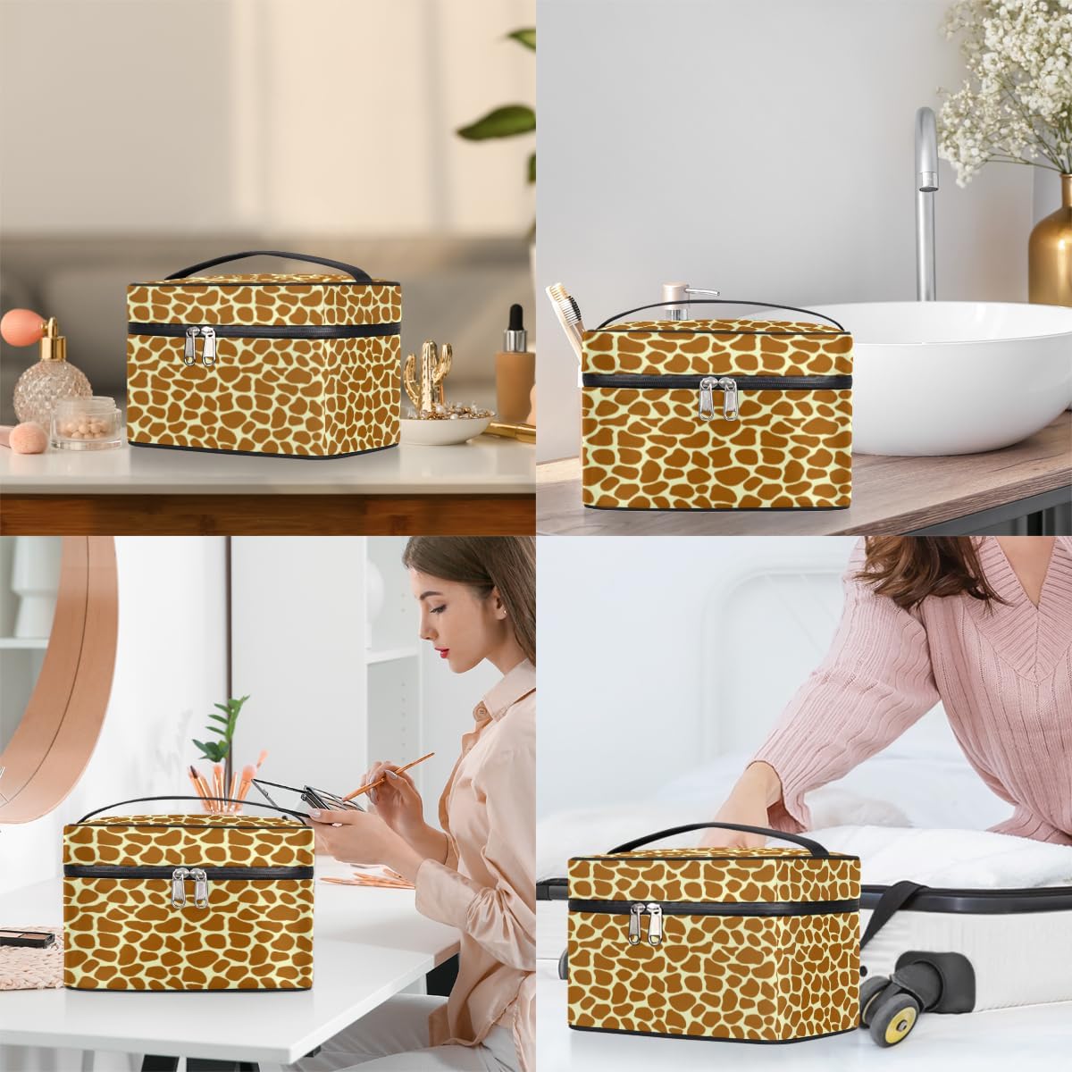 Animal Giraffe Print Cosmetic Bag Women's Large Travel Makeup Bag Giraffe Skin Makeup Bag Portable Makeup Bag Box Zipper Toiletry Bag