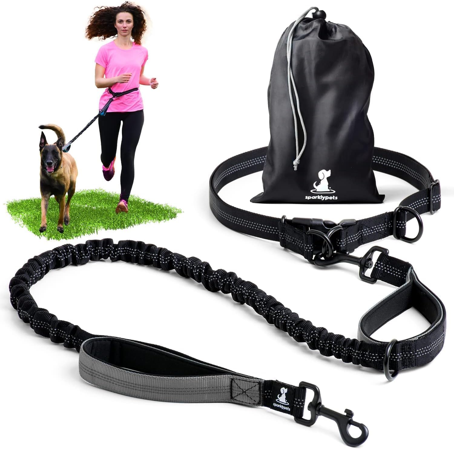 - SparklyPets - Hands Free Dog Leash with Reflective Stitches - Waist Leash for Dog Walking, Hiking, Training, Jogging, Canicross, Running - for Medium & Large Breeds