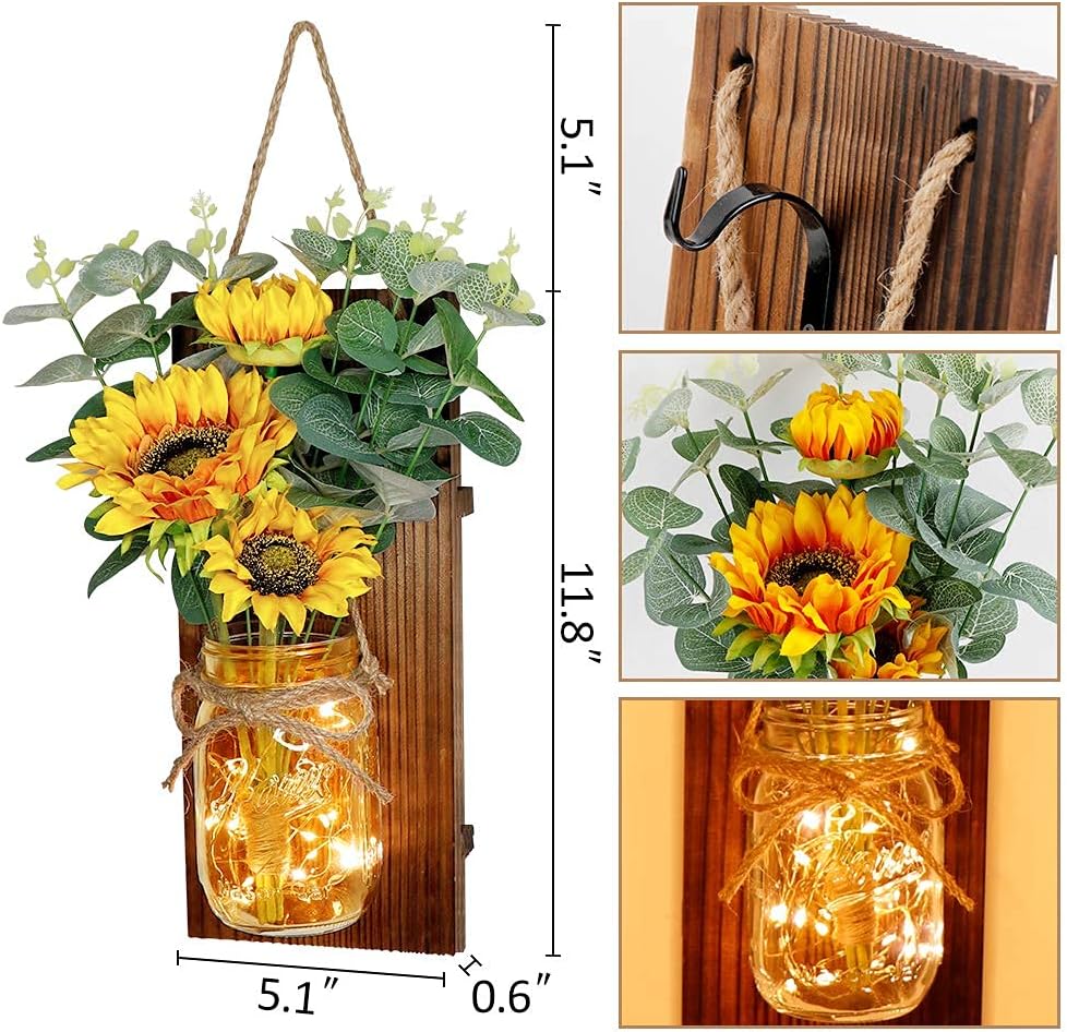 OurWarm Sunflower Wall Sconces Set of Two, Mason Jar Sconces Farmhouse Wall Decor Comes with Remote Control and Warm Toned LED Lights, Rustic Sunflower Decor for Home Kitchen Dining Room Living Room